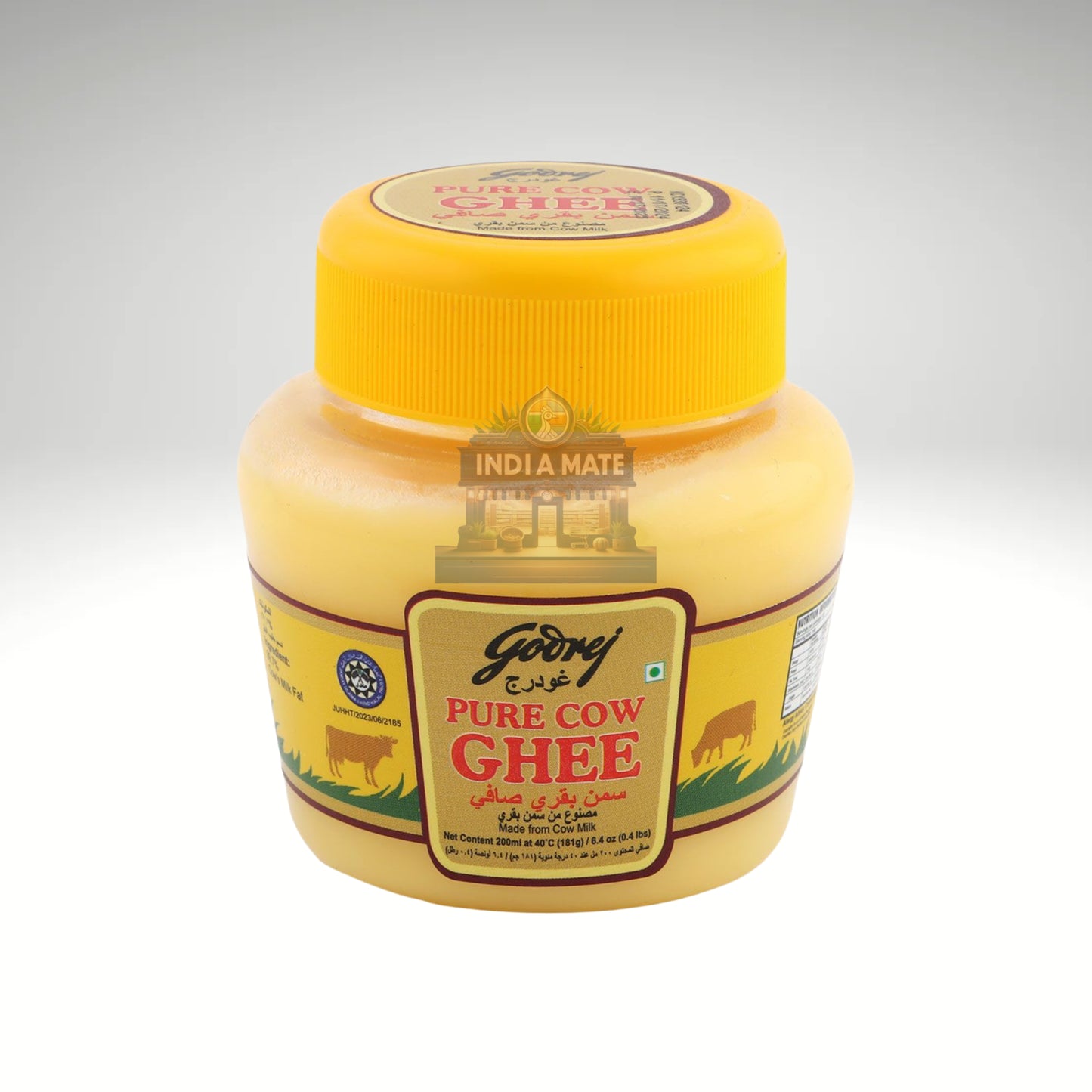 Jar of Godrej Pure Cow Ghee with yellow lid on a white background