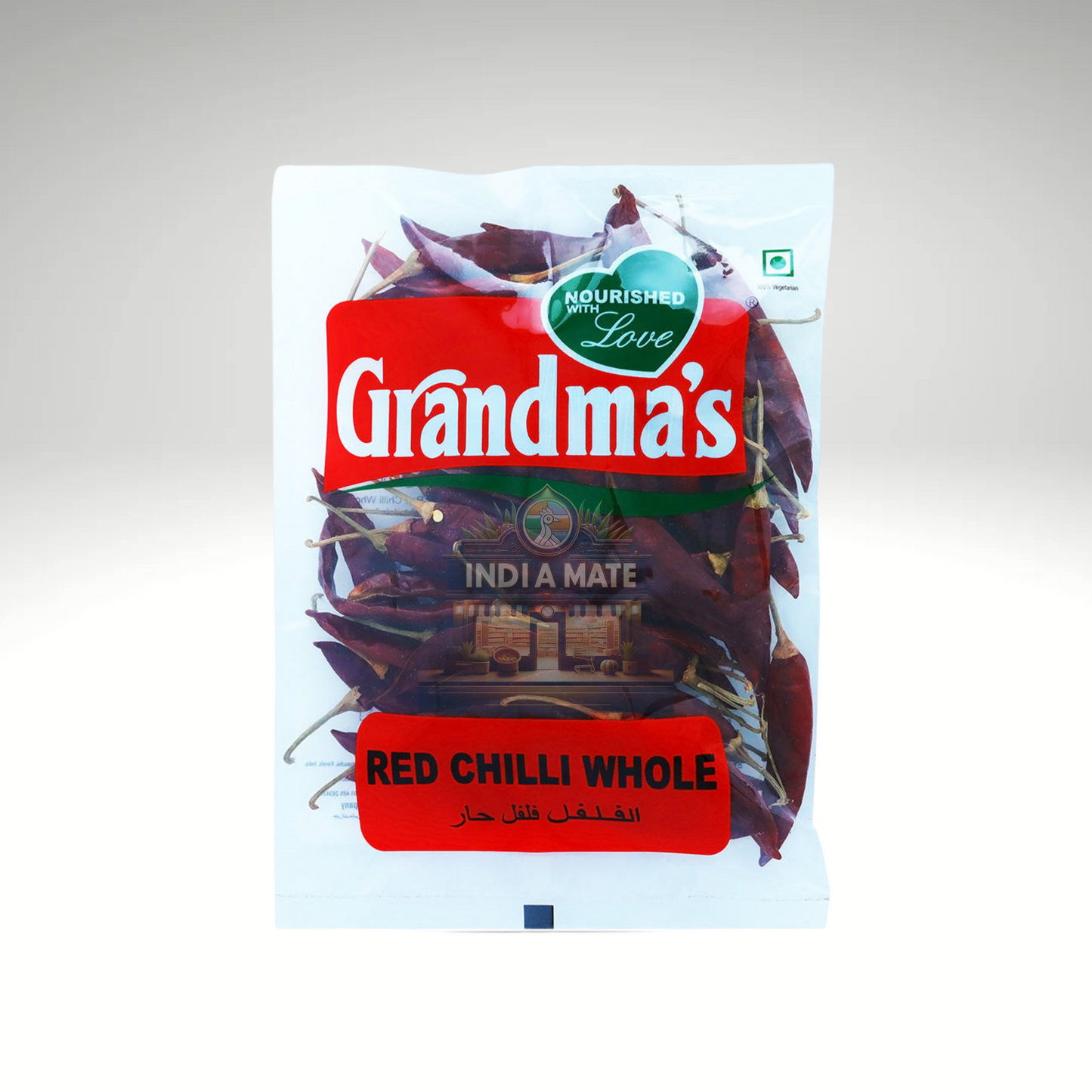 Packaged red chilli with 'Grandma's' branding on a white background
