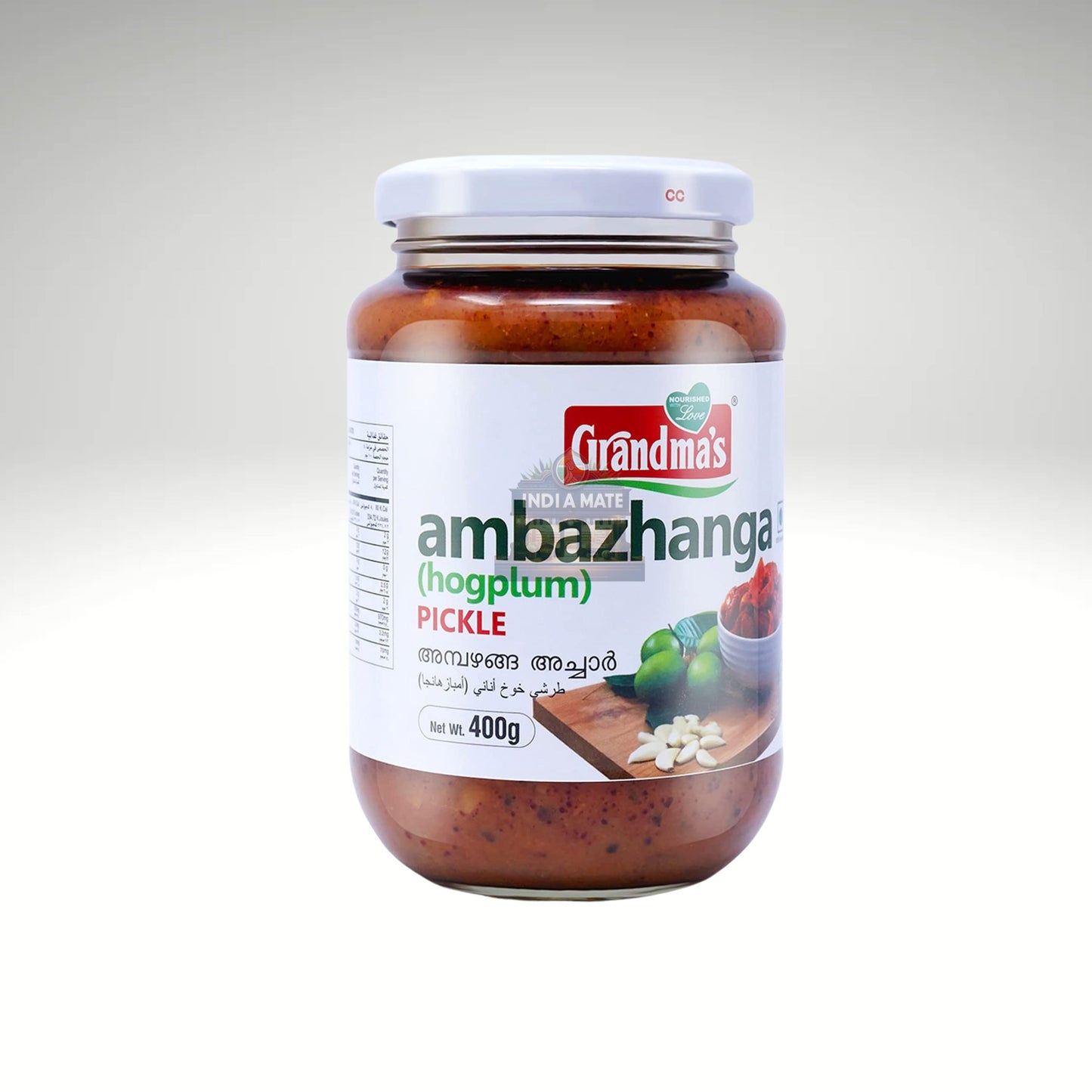Jar of Grandma's ambazhanga pickle on a white background