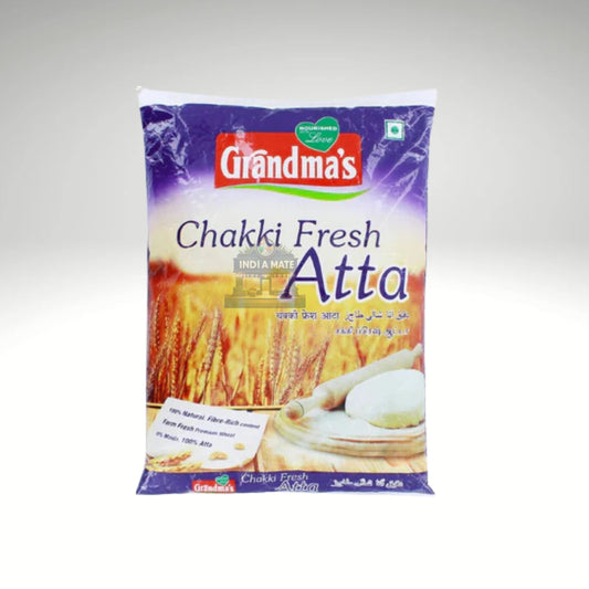 Grandma's Wheat Flour (Atta) packaging featuring premium whole wheat flour for soft and fluffy chapatis.