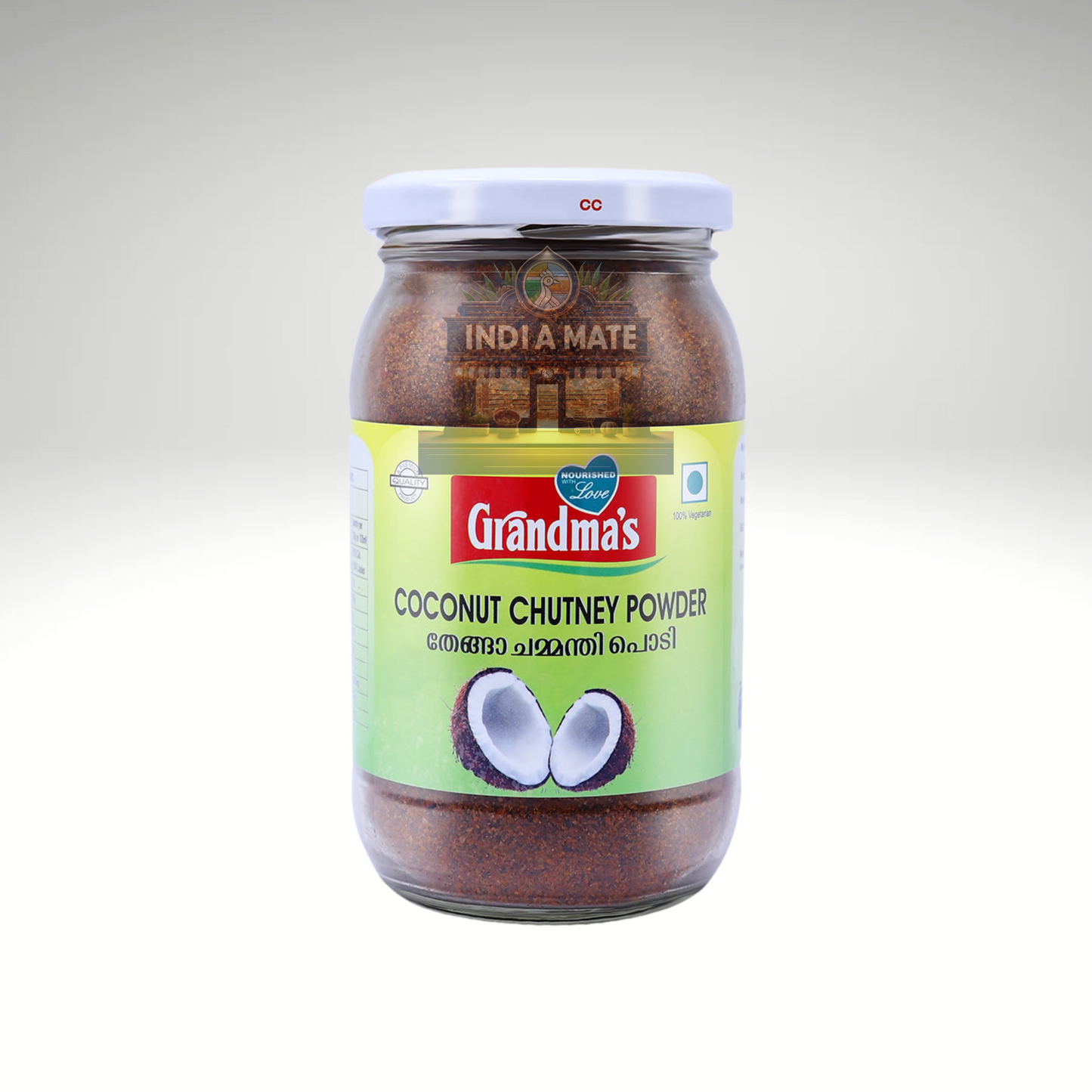 Jar of Grandma's Coconut Chutney Powder on a light gray background