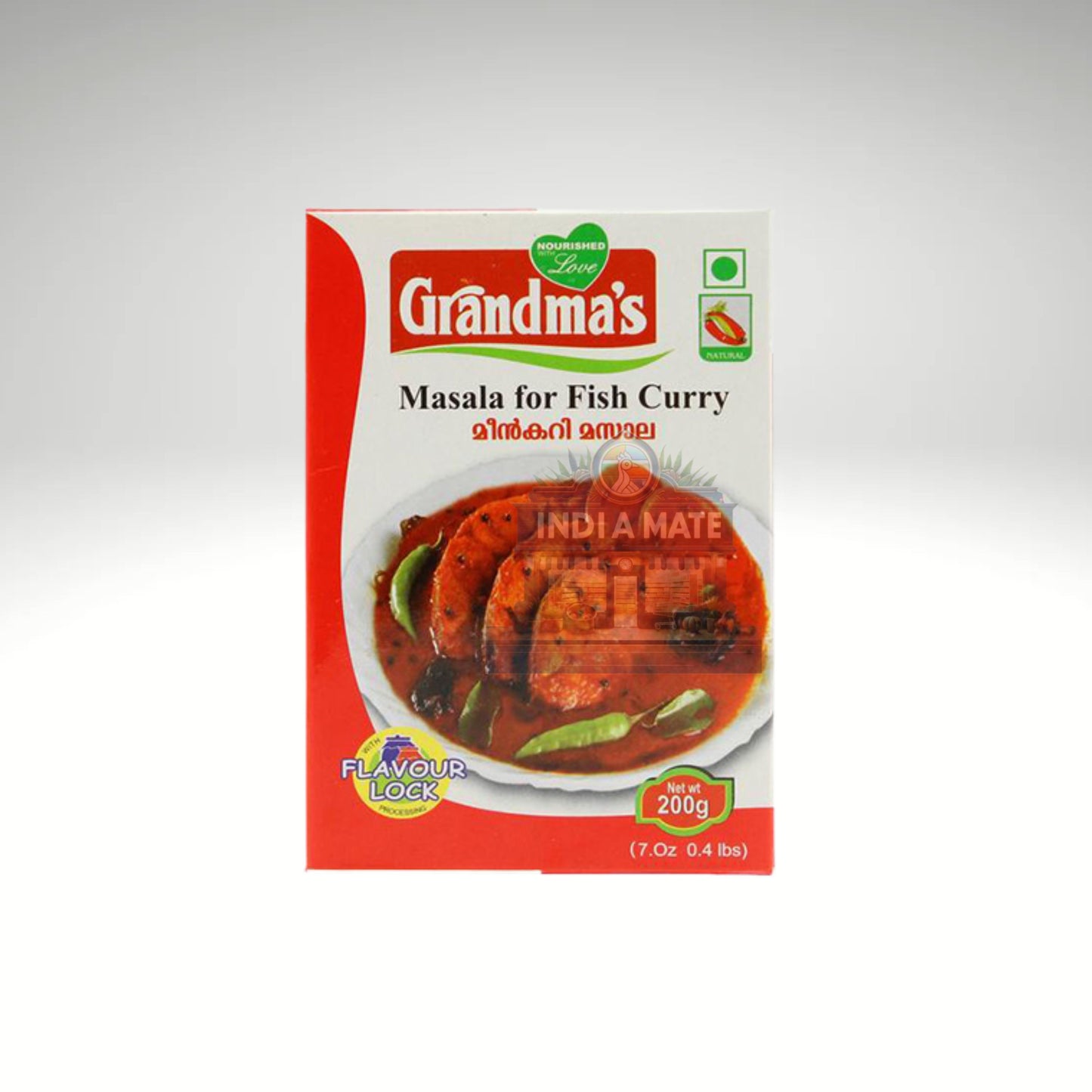 Box of Grandma's Masala for Fish Curry on a white background