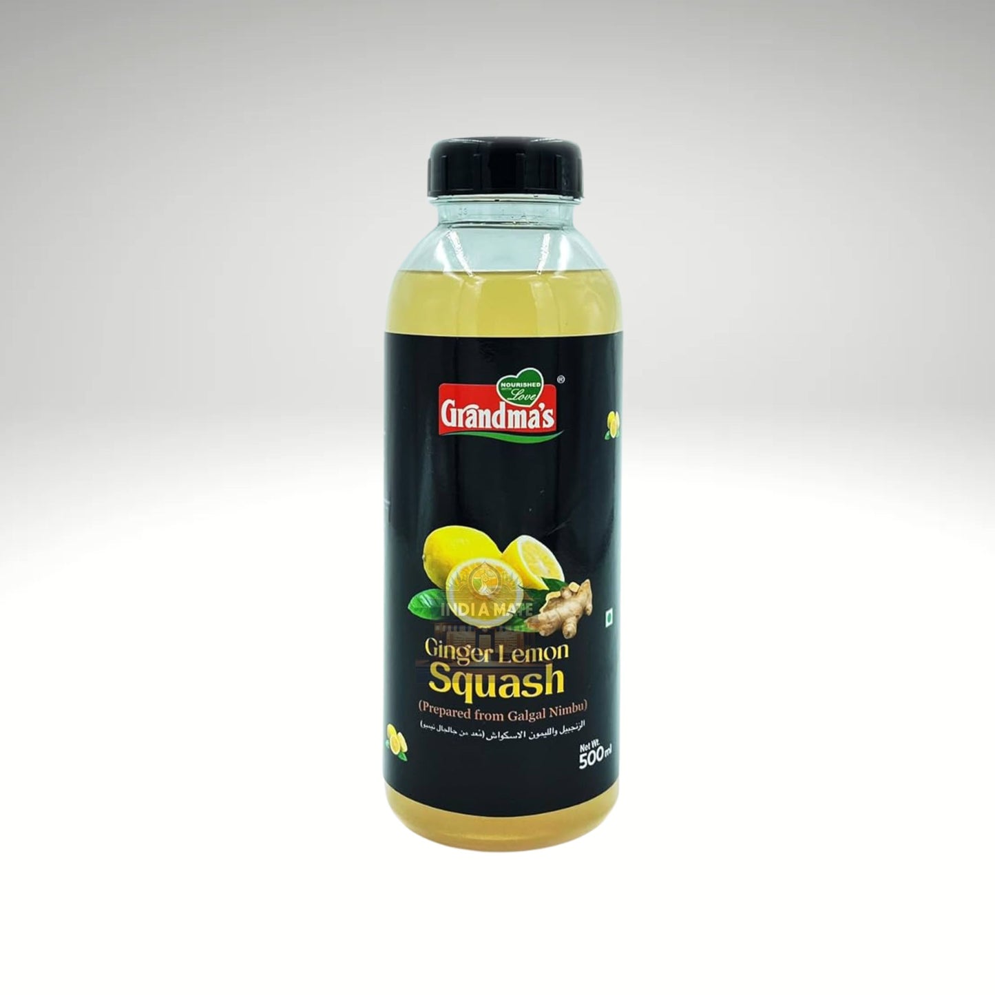 Bottle of Grandma's Ginger Lemon Squash on a white background