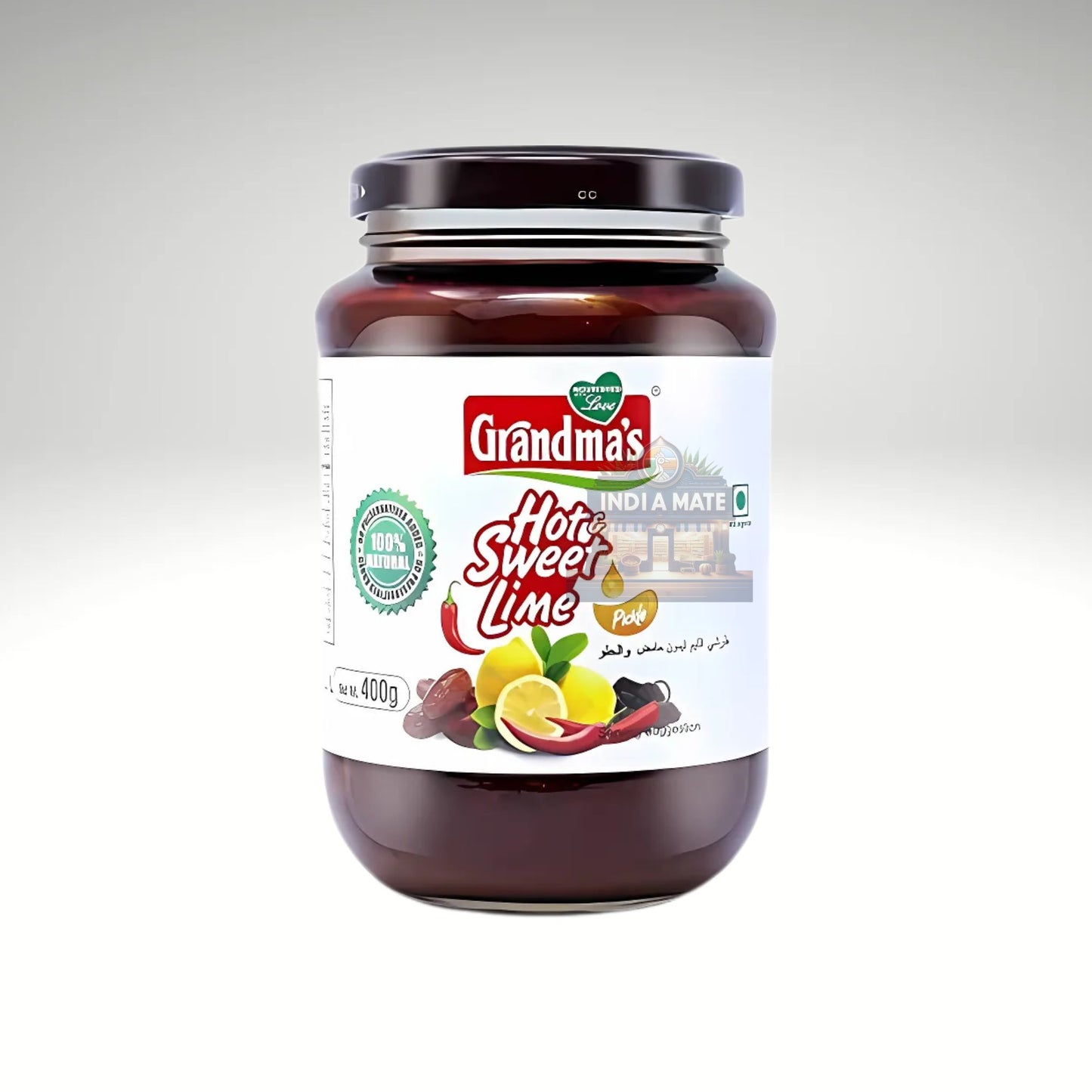 Jar of Grandma's Hot Sweet Lime Pate on a white background