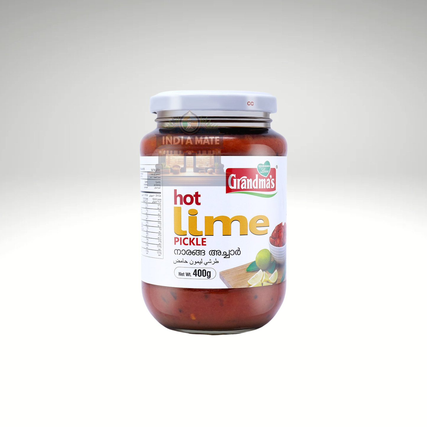 Jar of Grandma's hot lime pickle on a white background