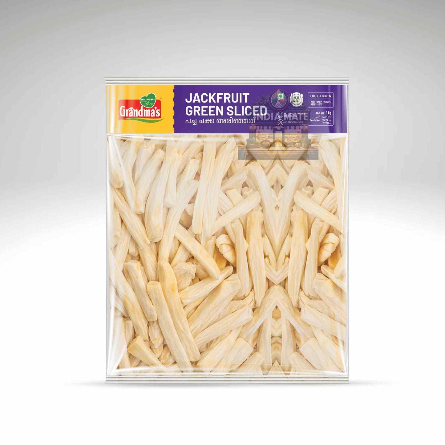 Packaged jackfruit sticks with 'Grandma's' branding on a gray background