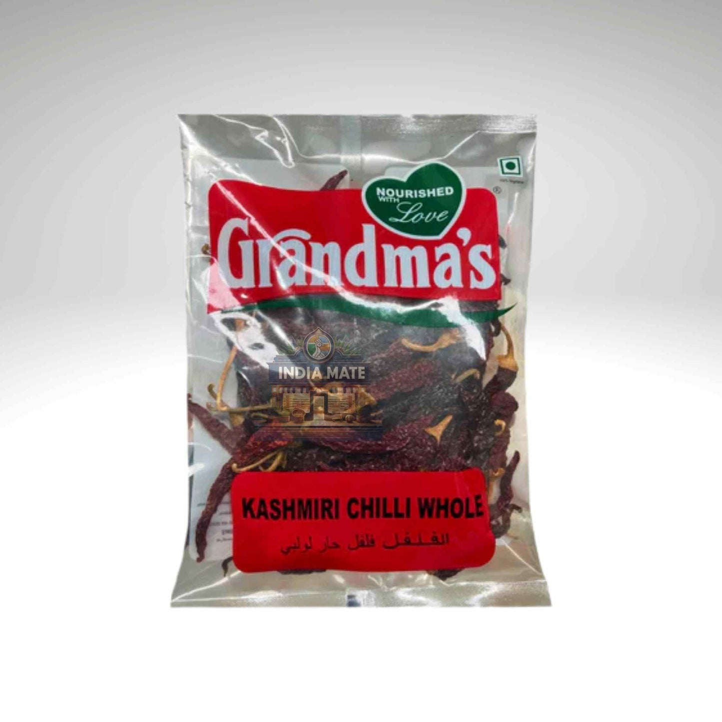 Grandma's Kashmiri Chilli Whole pack β premium dried mild red chillies used for colour and flavour in Indian cooking.