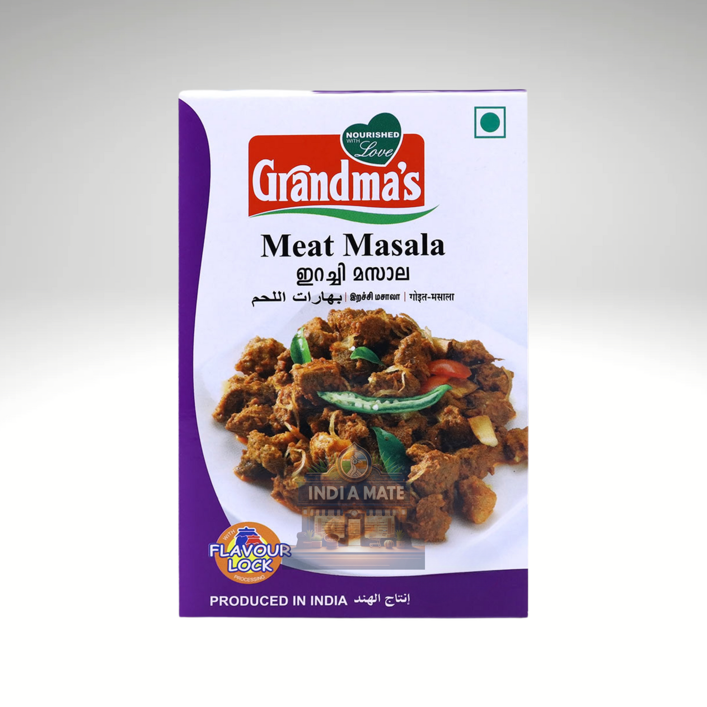 Box of Grandma's Meat Masala spice mix with a picture of cooked meat on a white background.