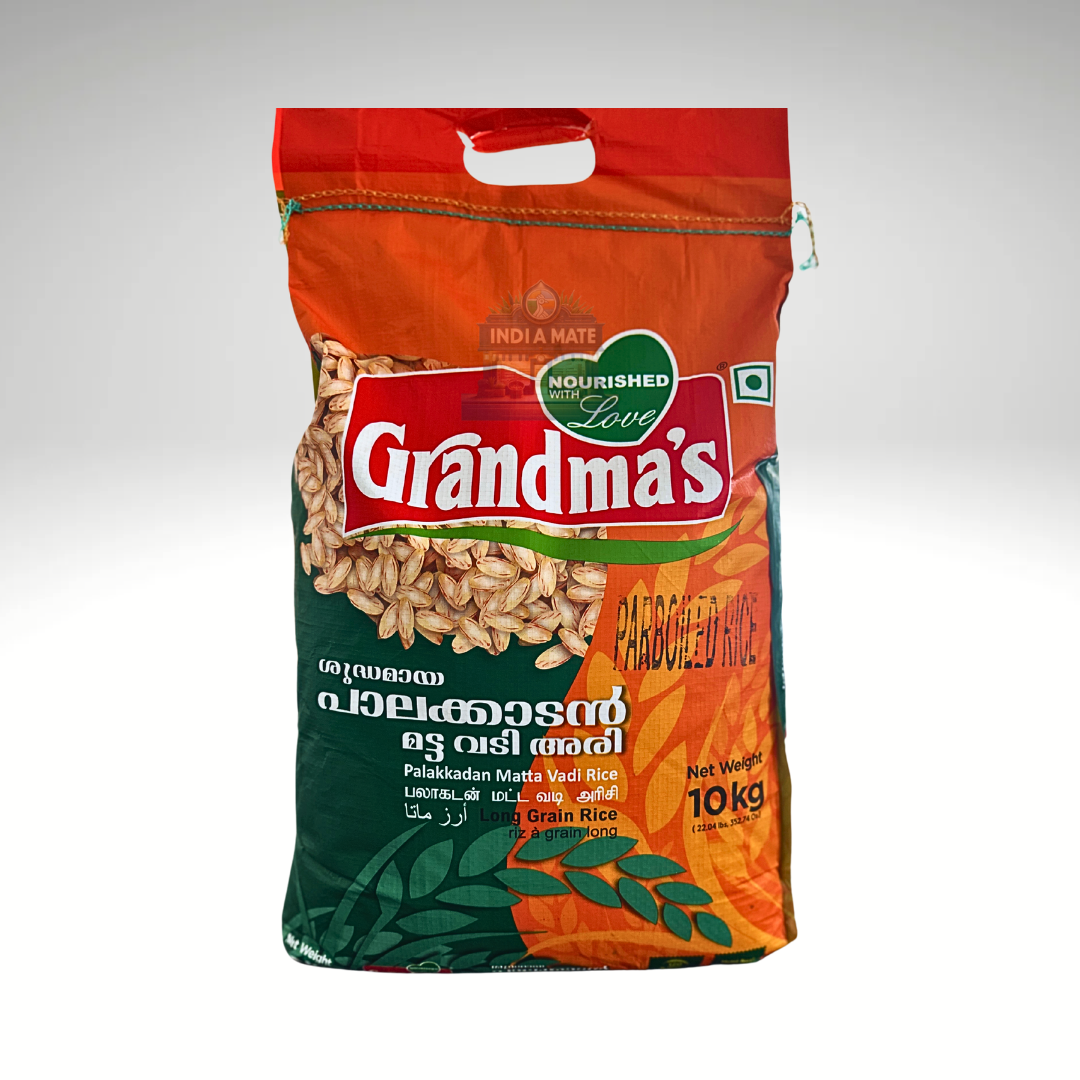 Bag of Grandma's Parboiled Rice with visible branding and product details on a white background