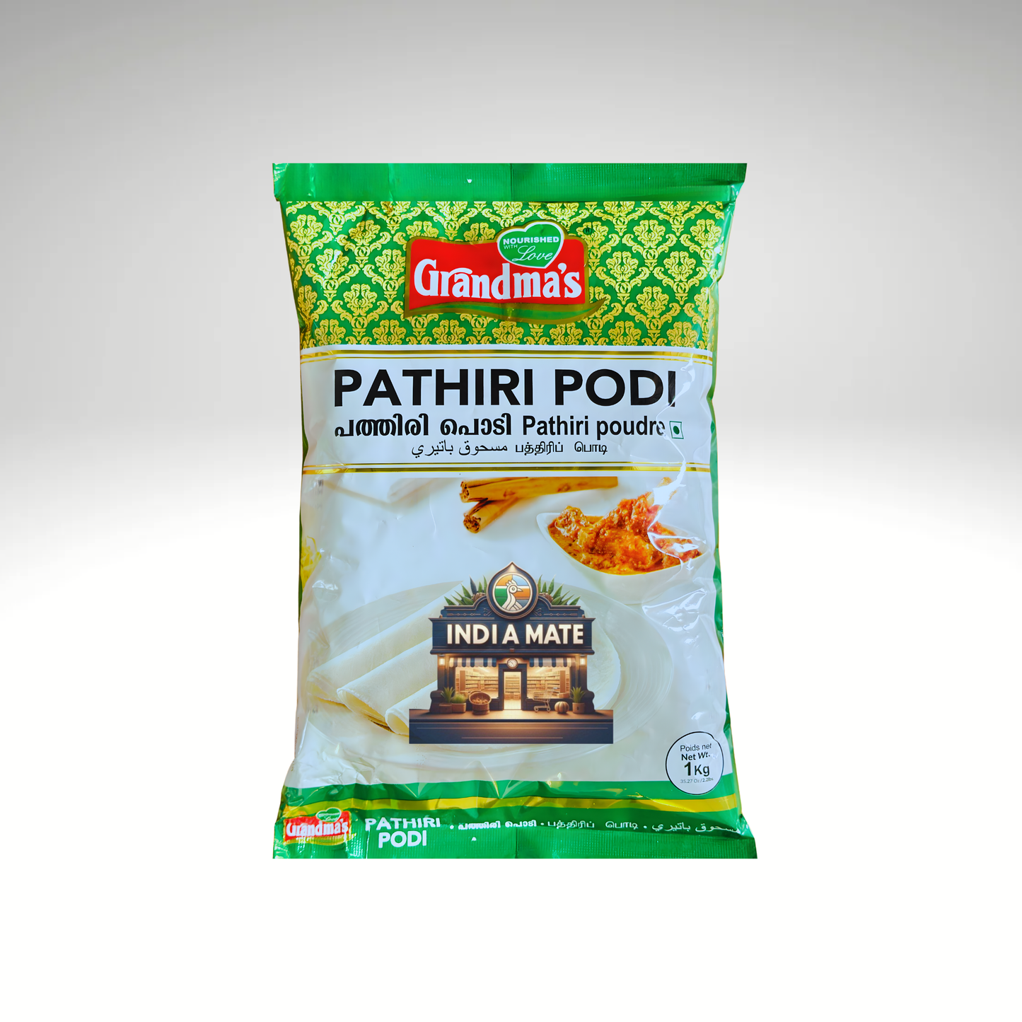 Packaging of Grandma's Pathiri Podi with green and white design on a white background