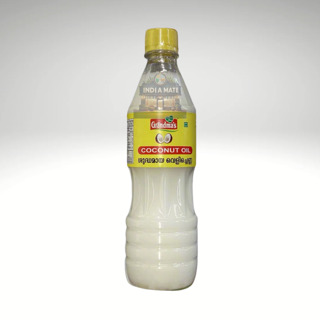 Bottle of coconut oil with a yellow label on a white background