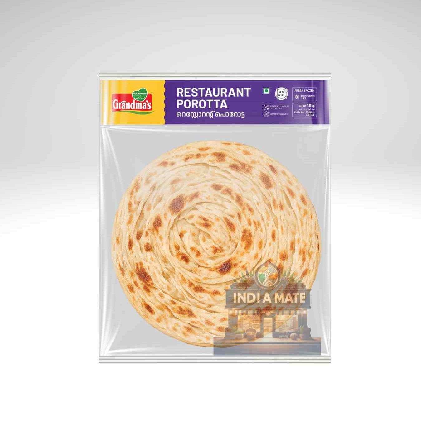 Packaged restaurant porotta with Grindmaster branding on a white background