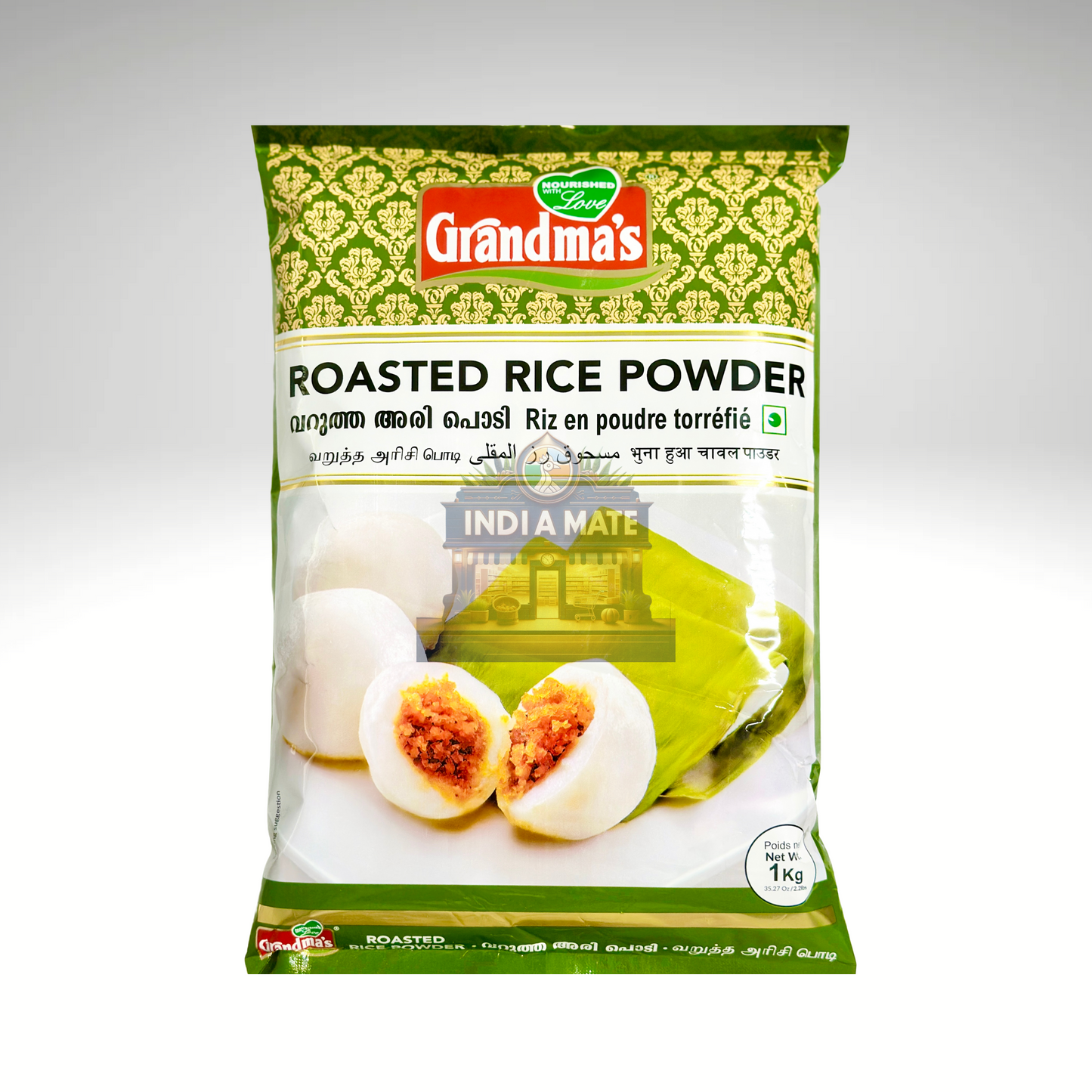 Packaging of Grandma's Roasted Rice Powder on a white background