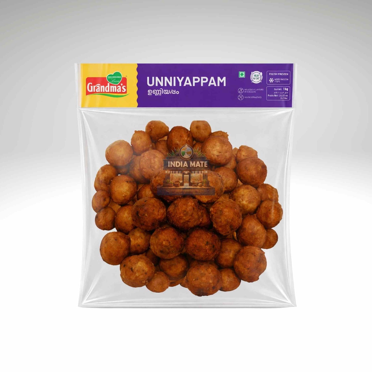 Packaged unniyappam with Grandma's branding on a white background.