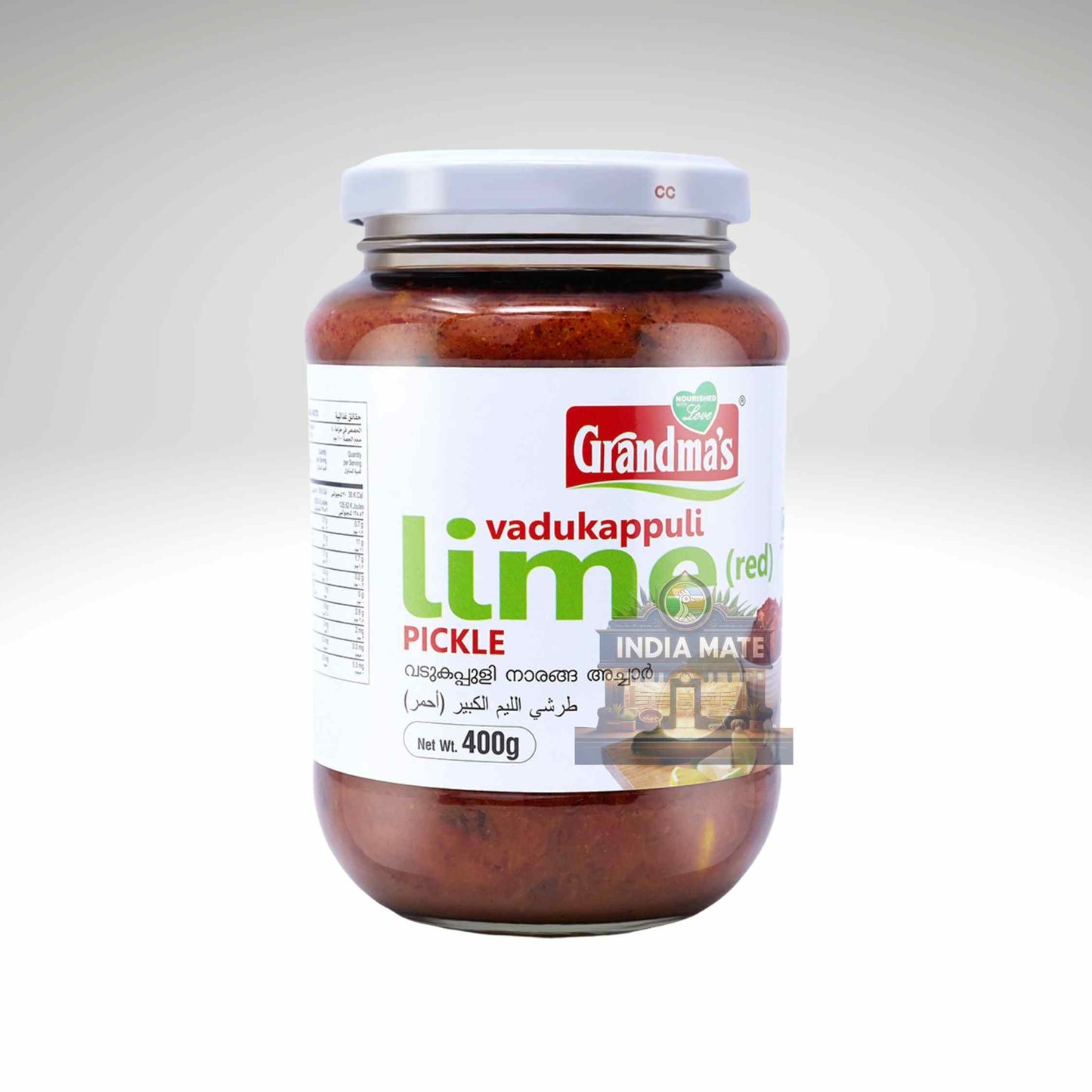Jar of Grandpa's lime pickle with a white label on a light gray background