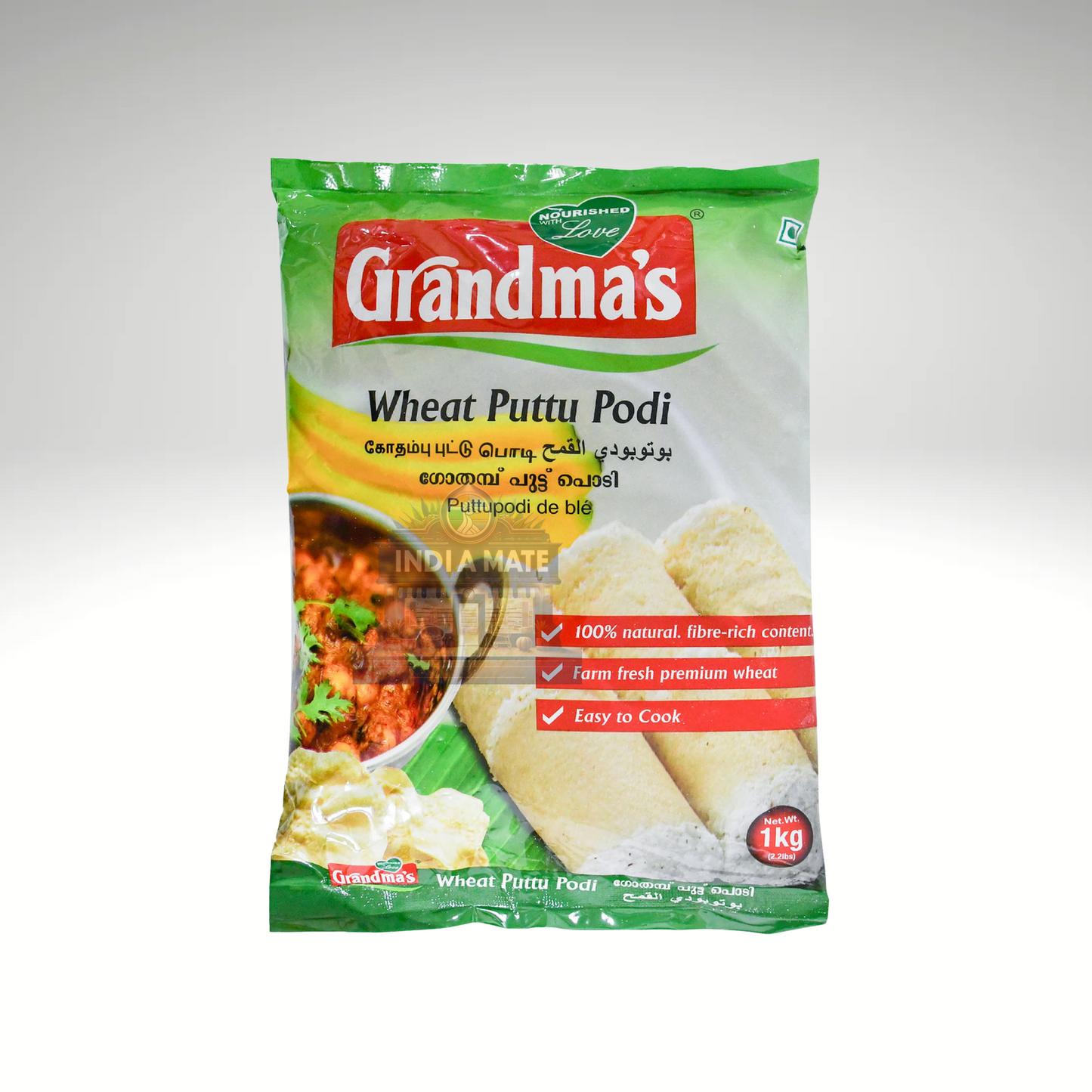 Packaging of Grandma's Wheat Puttu Podi with images of food on a white background
