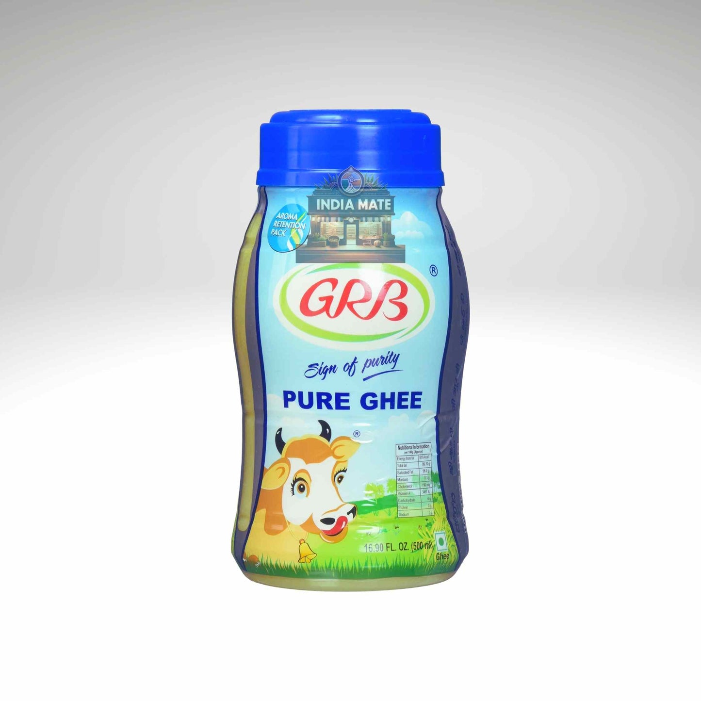 GRB Pure Ghee container with blue lid on a white background.