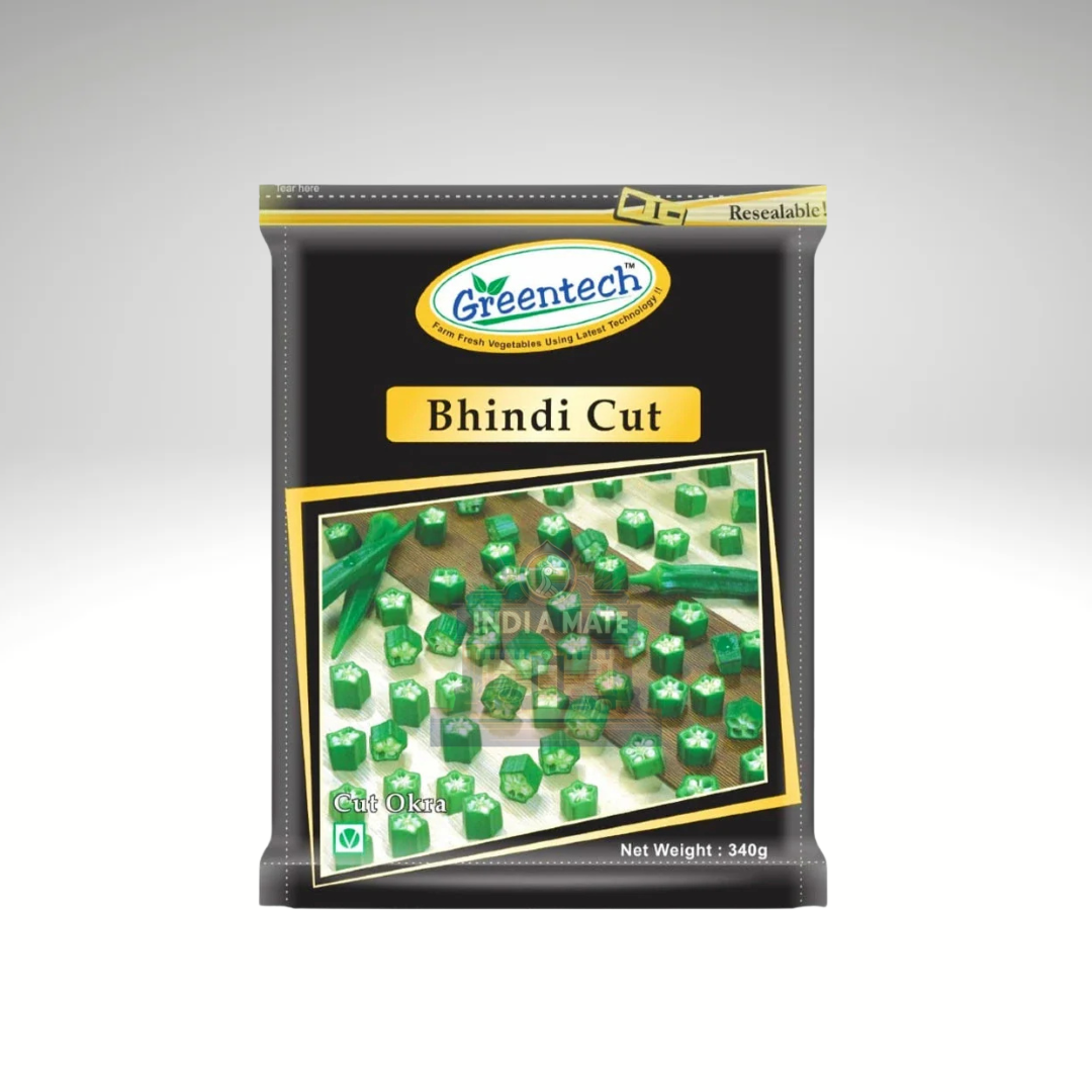 Packaged green beans labeled 'Bhindi Cut' by Greentech on a gray background