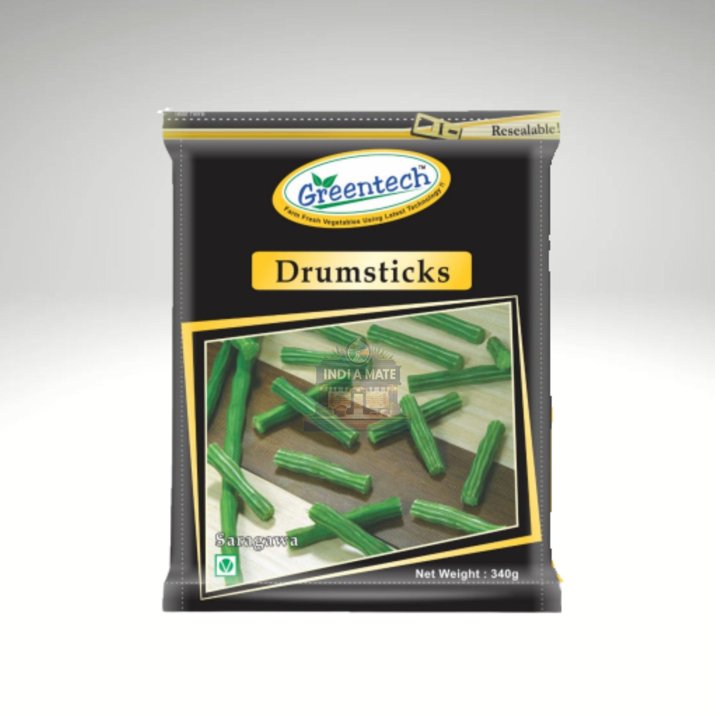 Packaged drumsticks with Greentech branding on a gray background