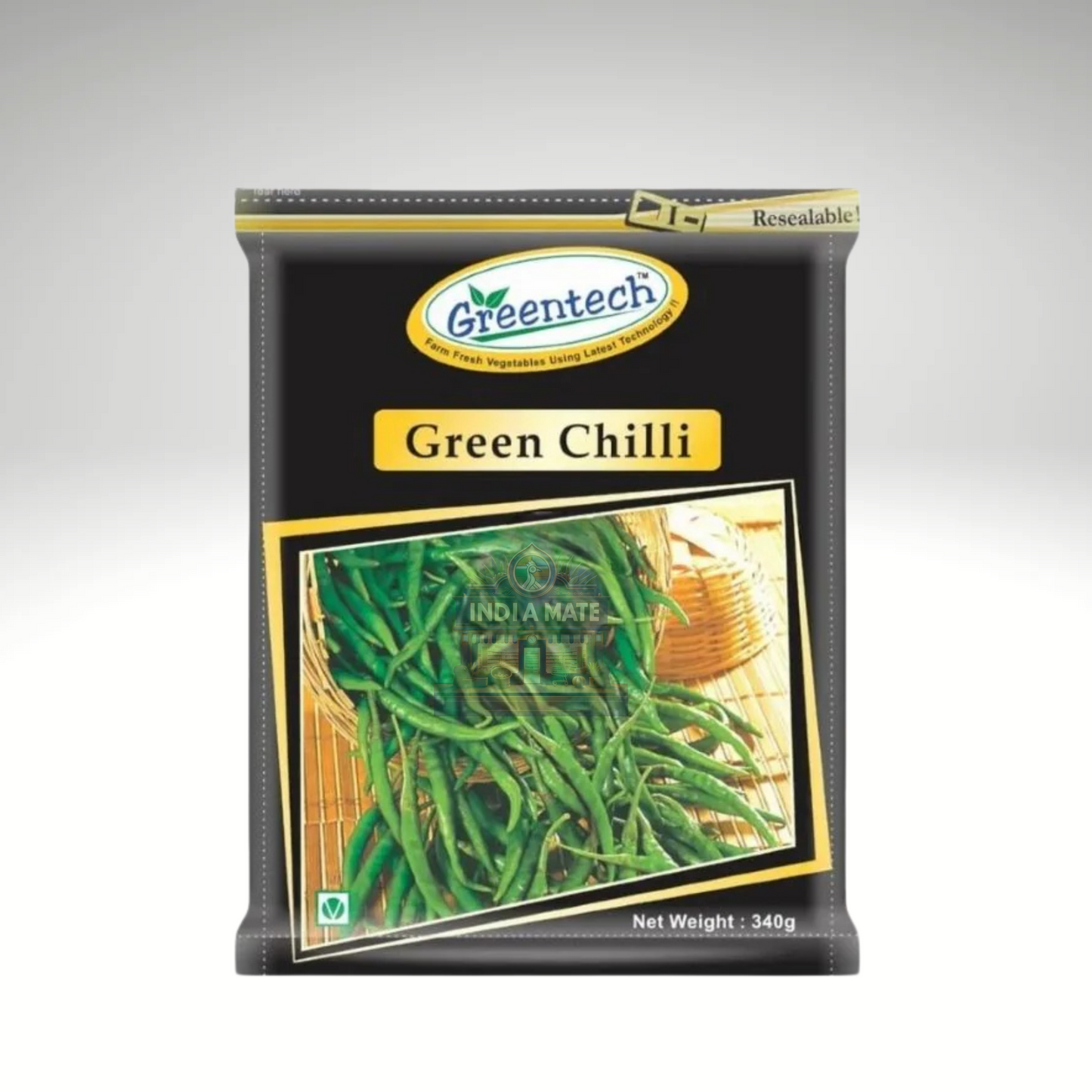 Greentech green chilli packaging on a gray background