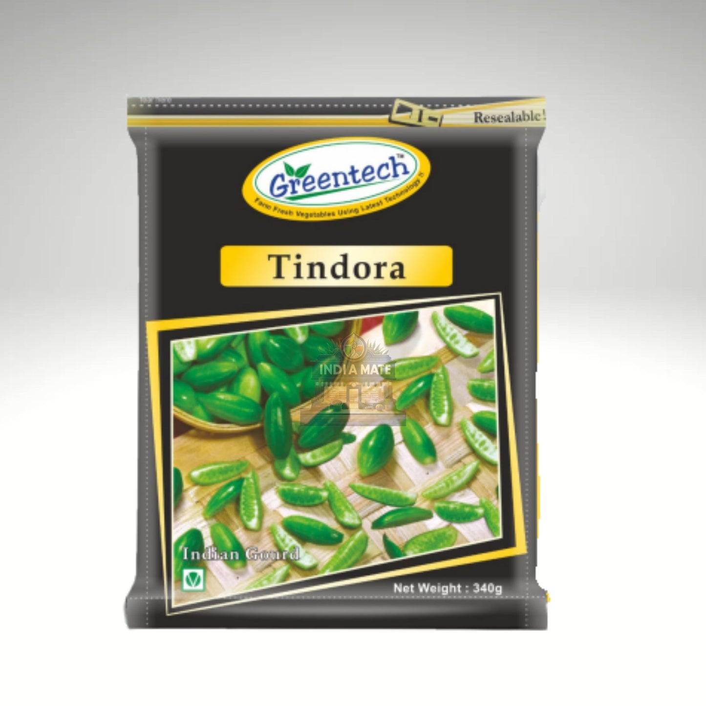 Packaged Tindora with Greentech logo on a gray background