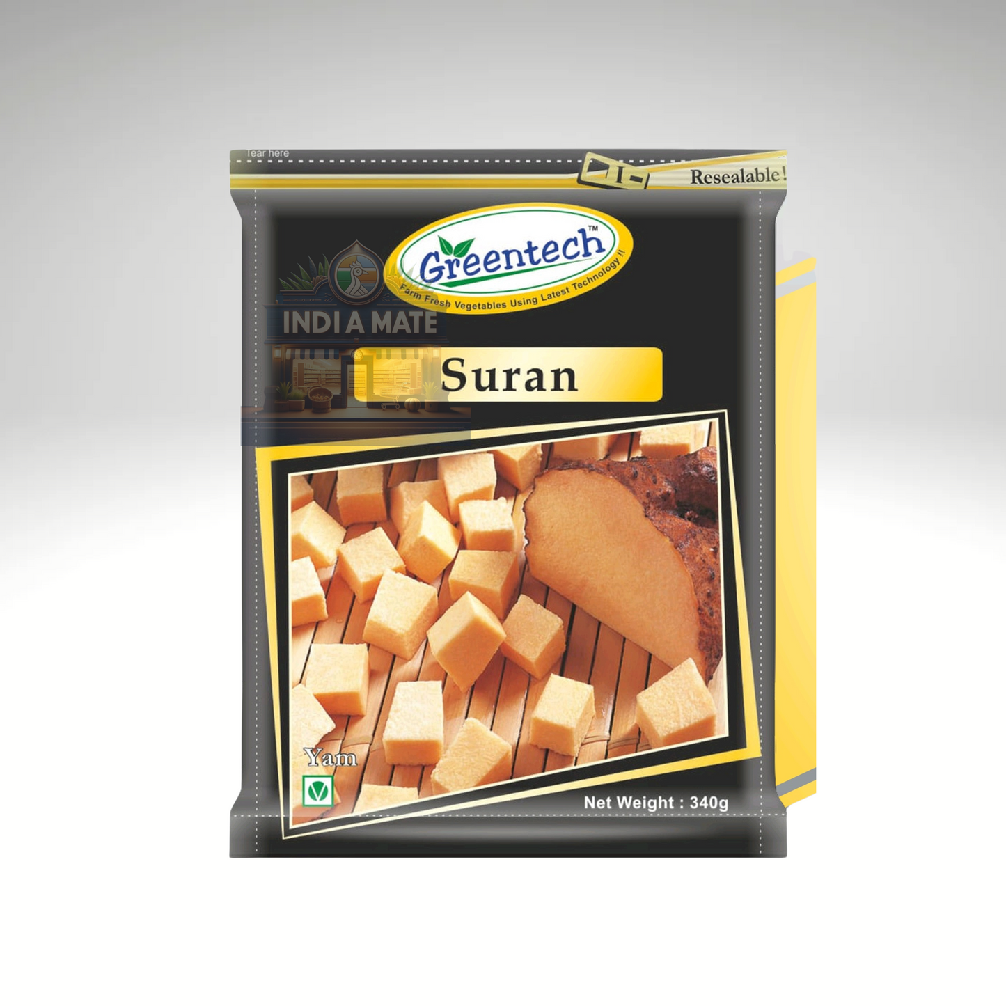Greentech Suran packaging with a picture of cheese on a gray background