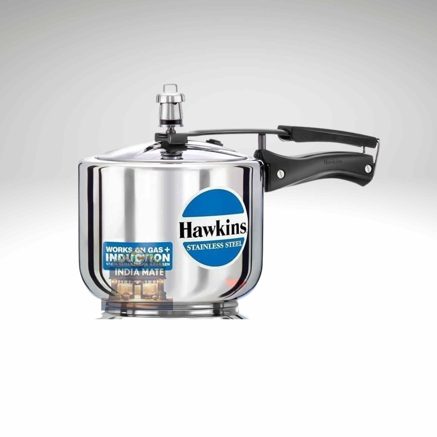 Stainless steel pressure cooker with Hawkins branding on a gray background