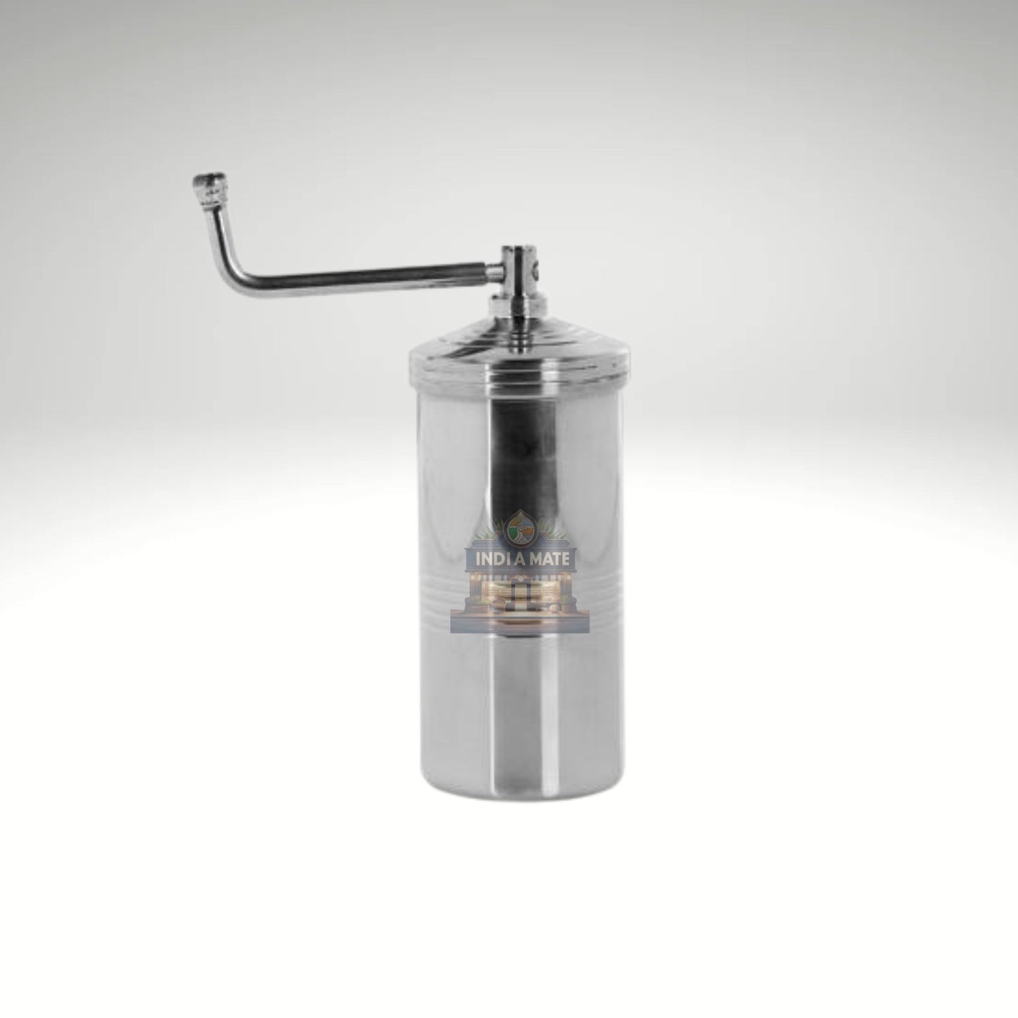 Stainless steel manual coffee grinder on a white background