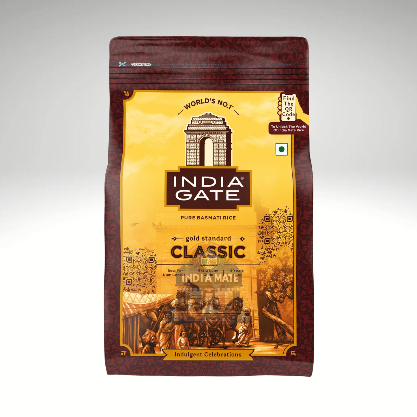 India Gate rice packaging on a white background