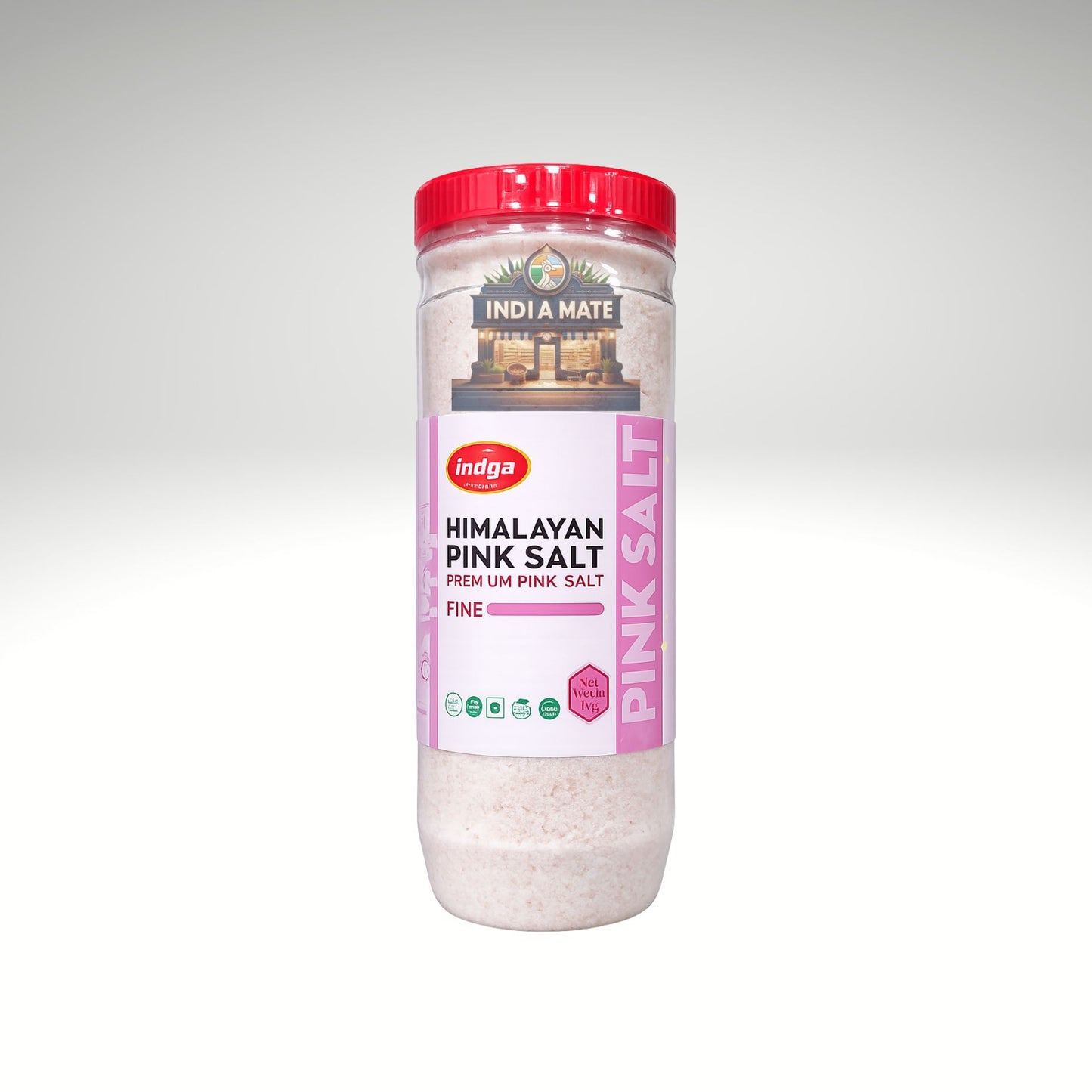 Bottle of Indya Himalayan Pink Salt on a white background.