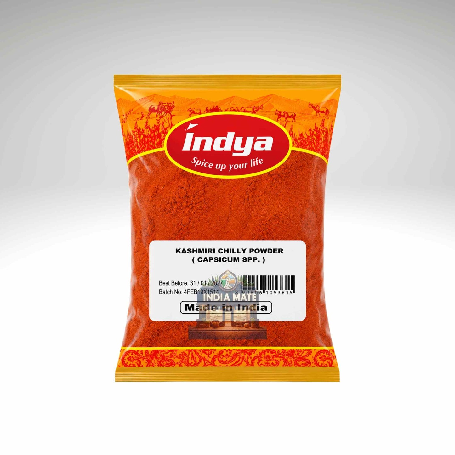 Indya Kashmiri Chilly Powder package on a white background.