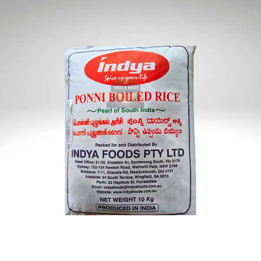 Indya Ponni Boiled Rice – soft, long-grain parboiled rice.
