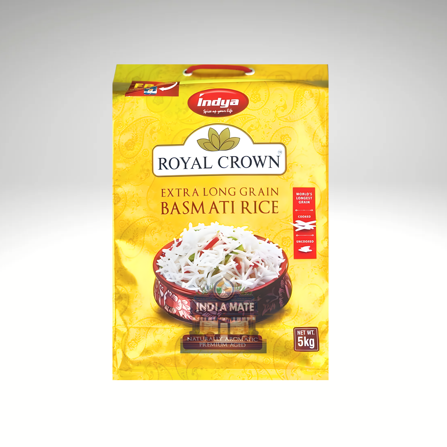 Indya Royal Crown Long Grain Basmati Rice – Premium aromatic long-grain basmati rice available at IndiaMate.