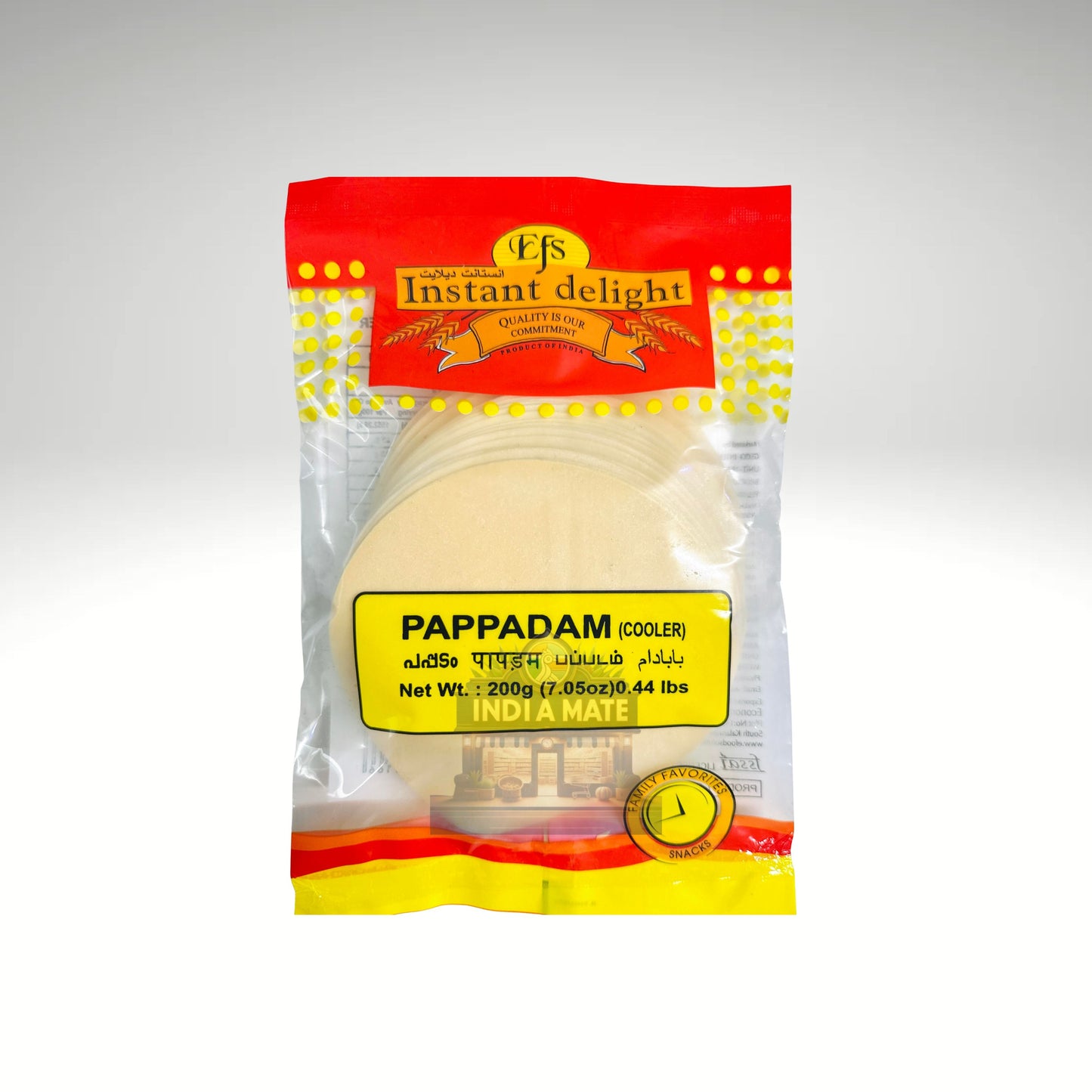 Packaged papadam with a red and yellow label on a gray background