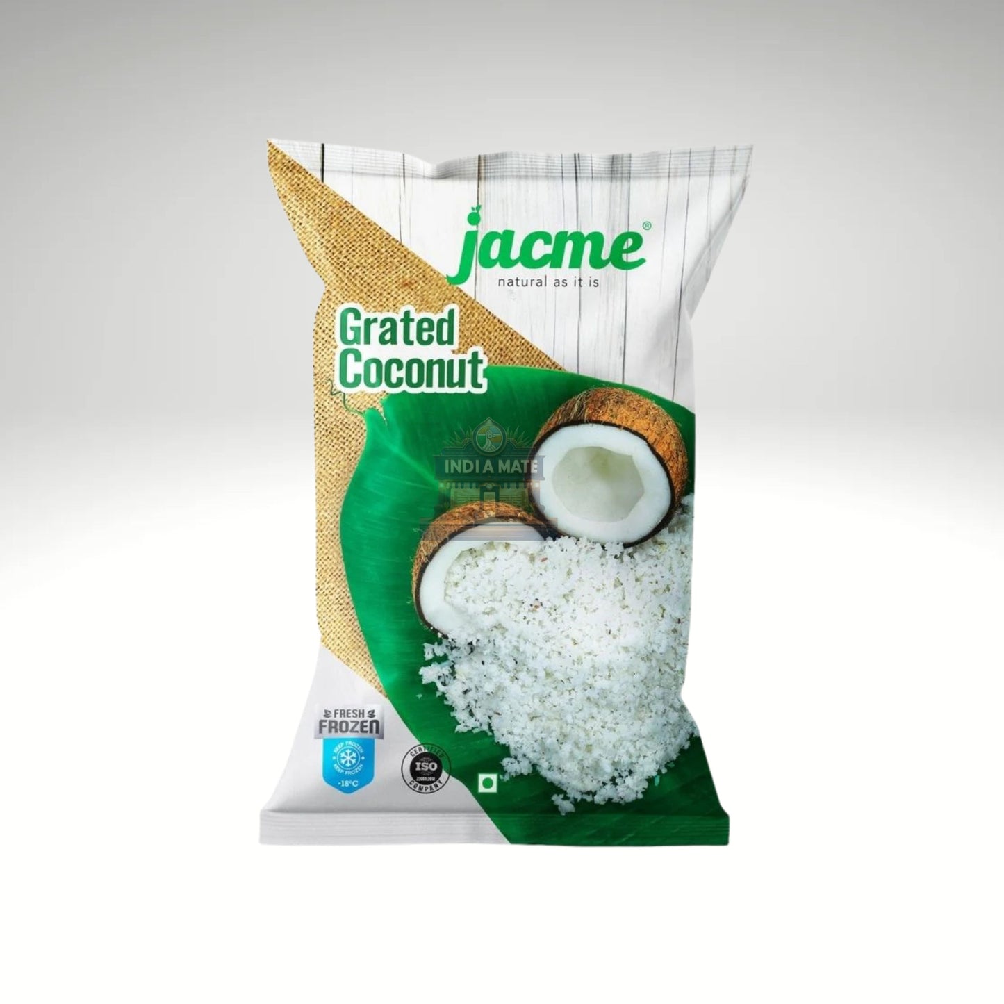 Bag of Jacme grated coconut on a white background