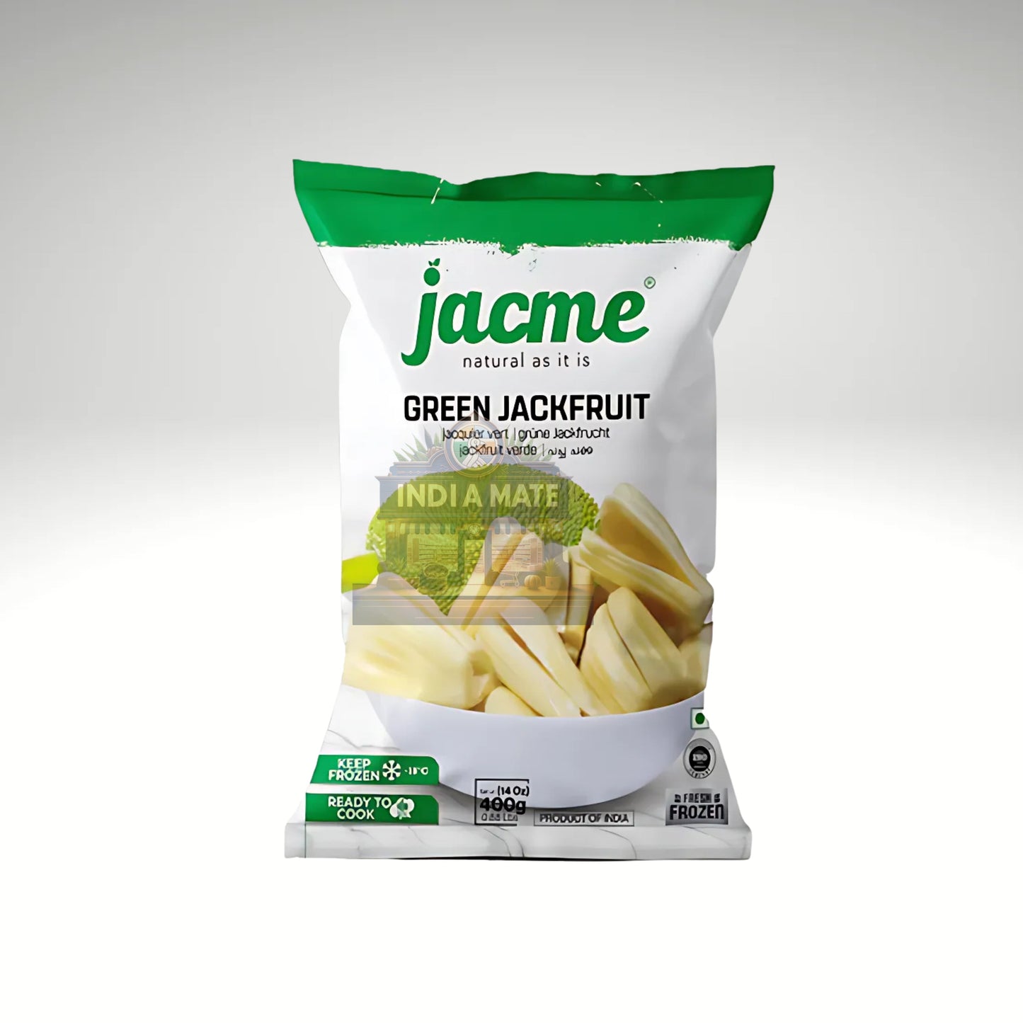 Packaged green jackfruit by Jacme on a white background
