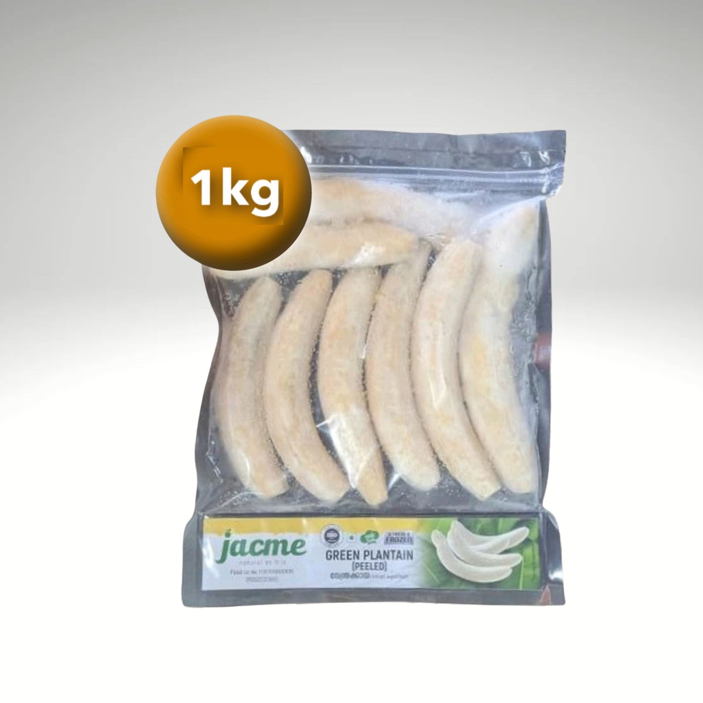 Packaged green plantains with a '1kg' label on a white background