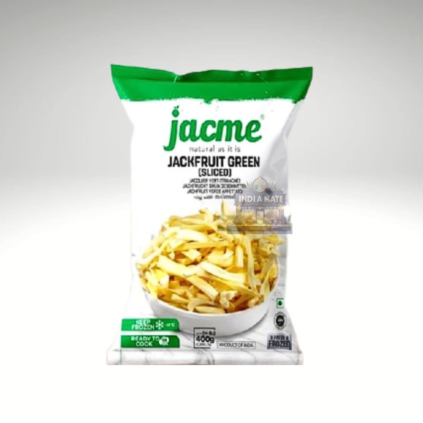 Packaged sliced jackfruit with Jacme branding on a white background