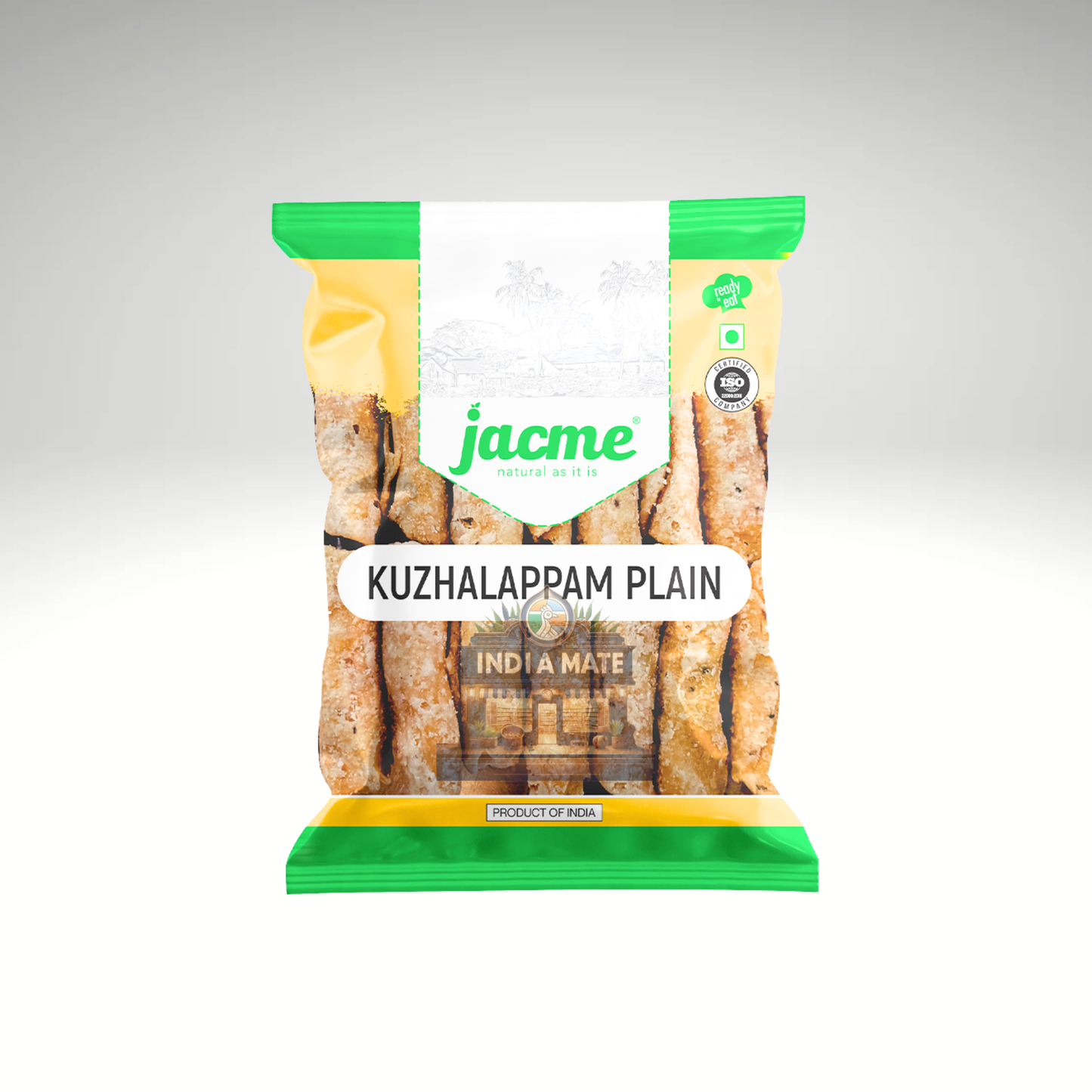 Packaged food item with 'jacme' branding on a gray background