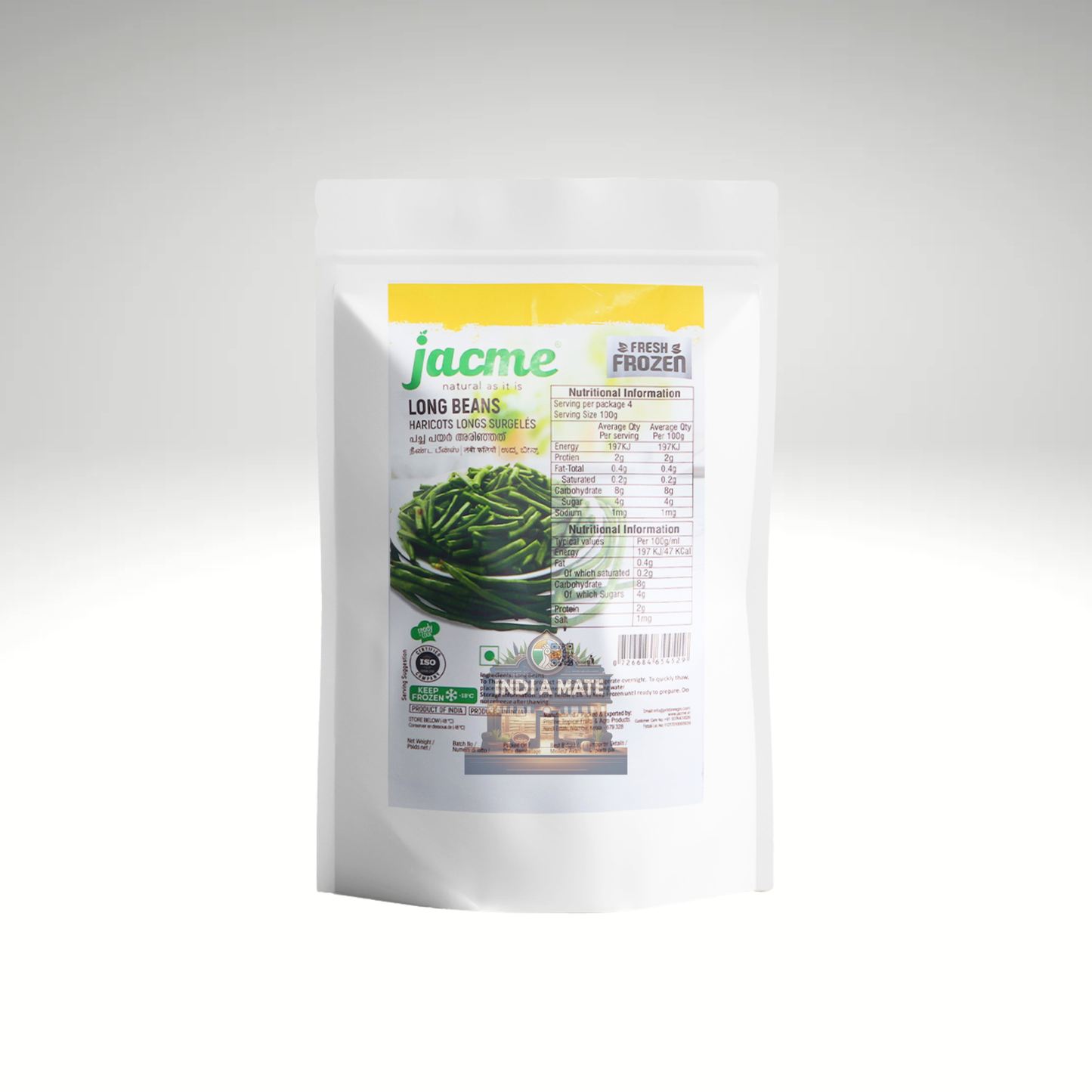 Packaged long beans with Jacme branding on a white background