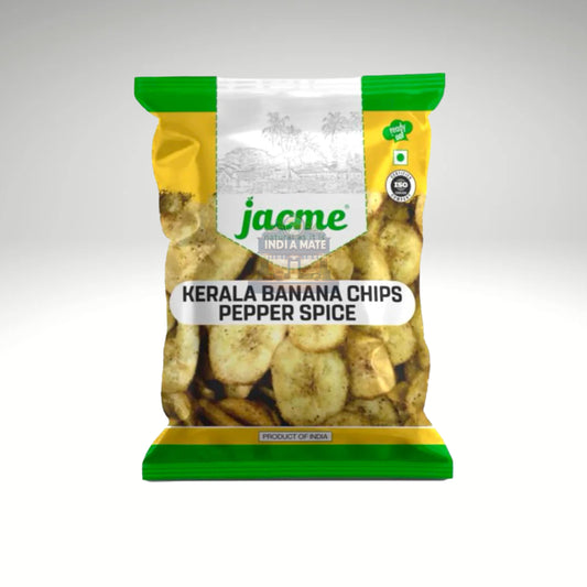 A pack of Jacme Pepper Banana Chips – spicy Kerala-style banana chips seasoned with black pepper, available at Indiamate.