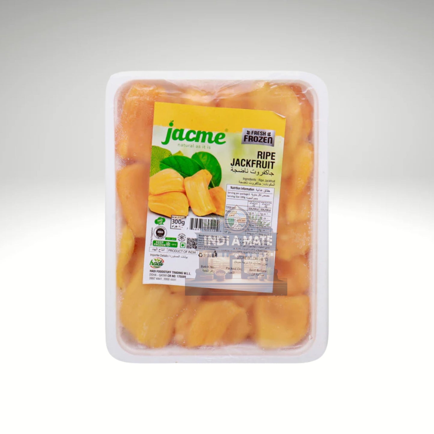 Packaged ripe jackfruit with Jacme branding on a white background