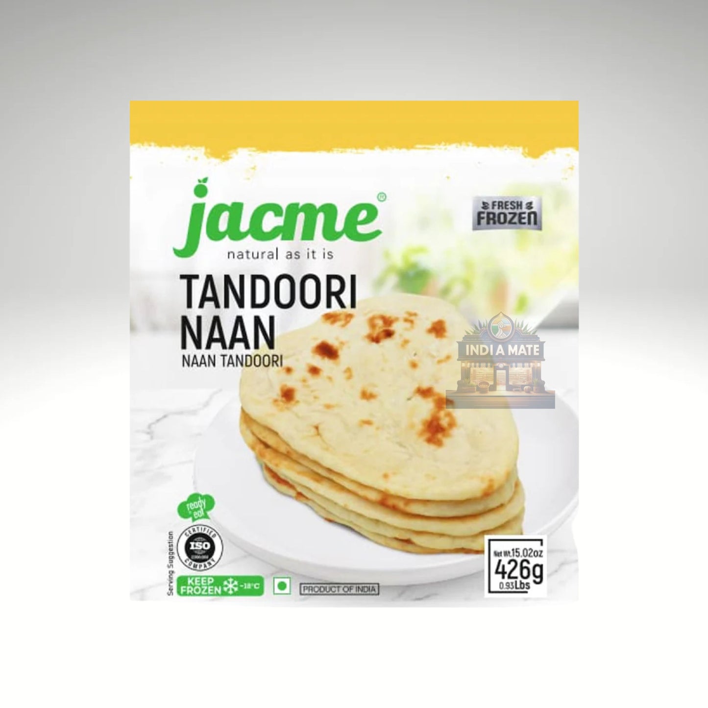 Jacme Tandoori Naan packaging with naan on a plate against a gray background