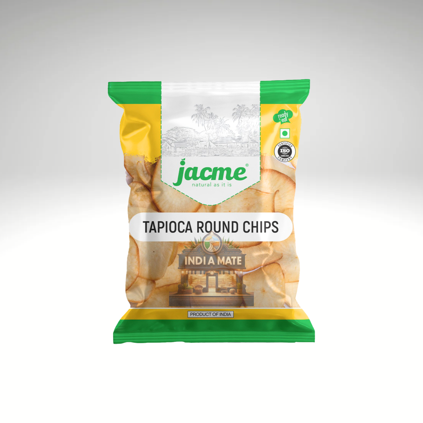 A pack of Jacme Plain Tapioca Chips – traditional Kerala-style tapioca chips with a light salt seasoning.
