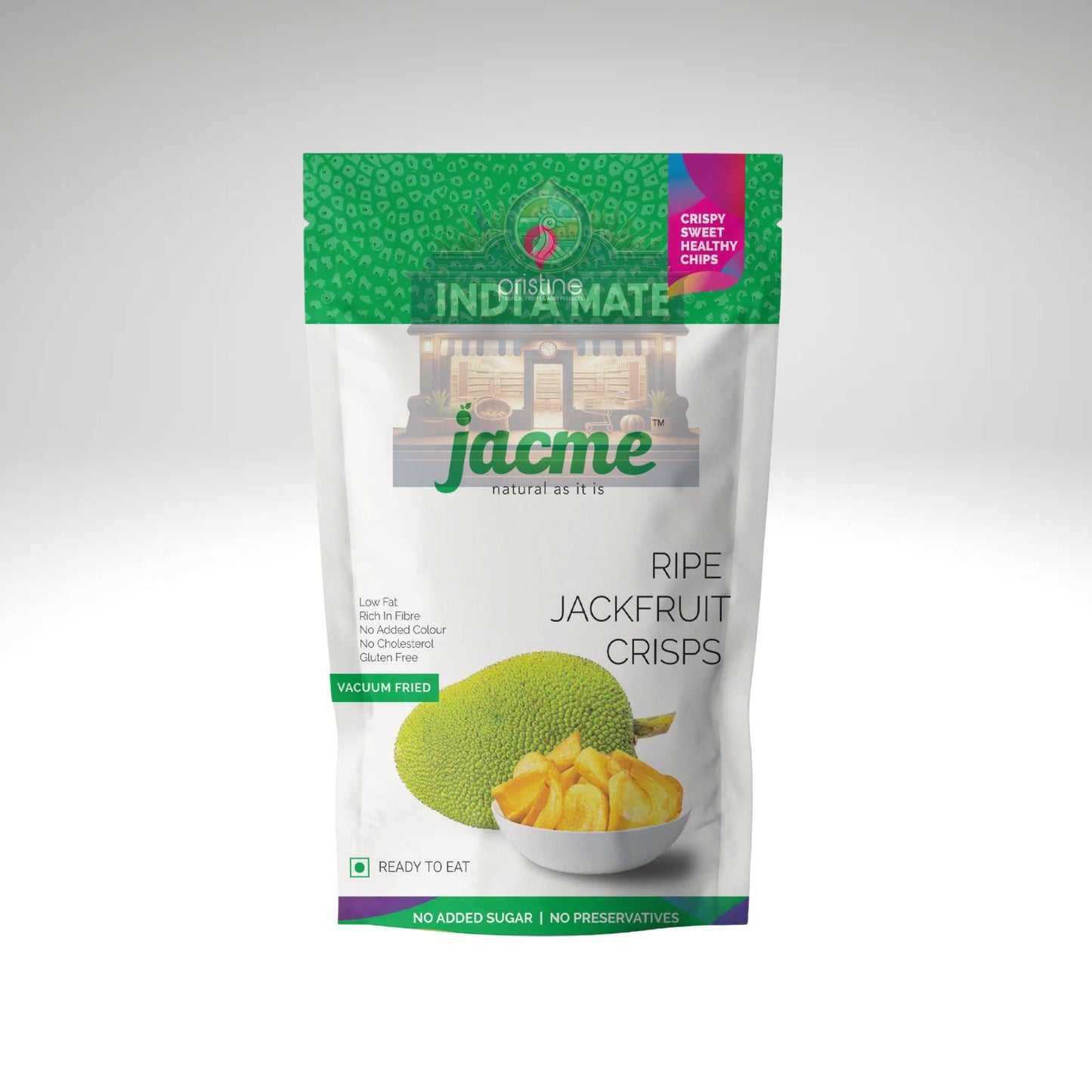 Packaging of Jacme Ripe Jackfruit Crisps with green and white design on a gray background.