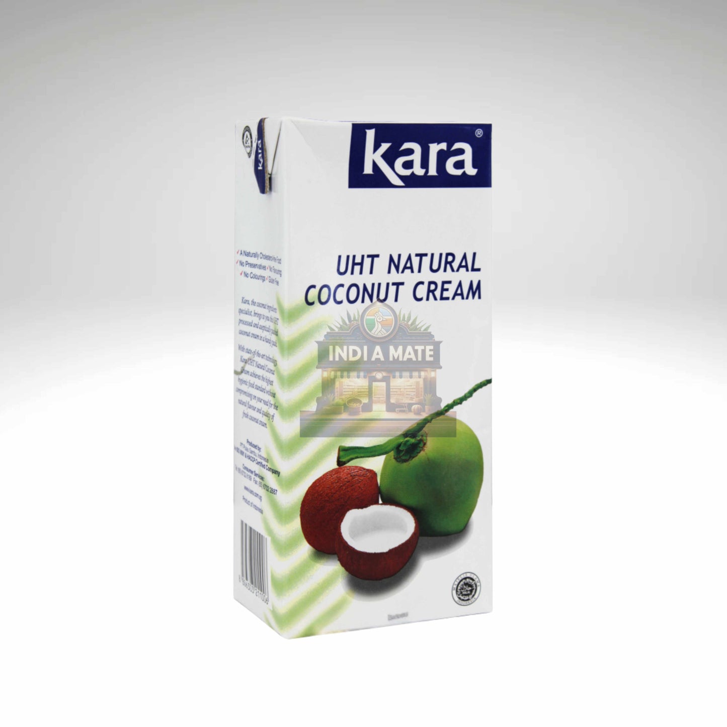 Box of Kara UHT Natural Coconut Cream with coconut and leaf design on a white background