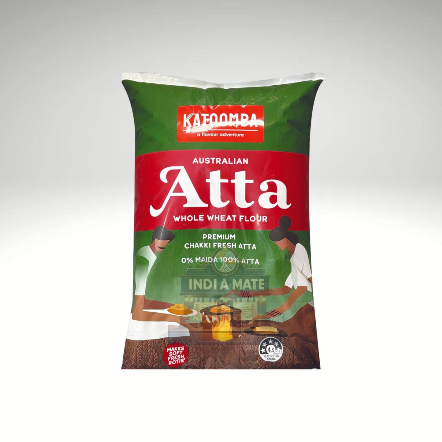 Bag of Katoomba Atta whole wheat flour on a white background