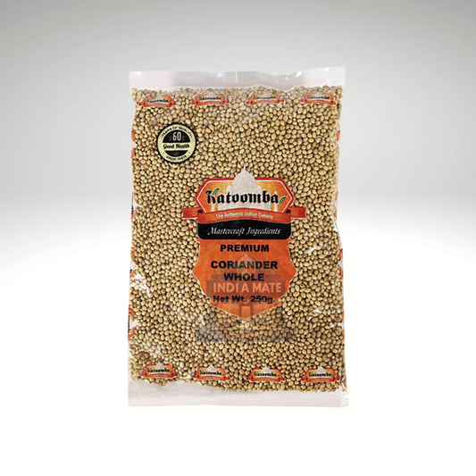 Katoomba Coriander Seeds – Whole dried coriander spice pack, available at IndiaMate.