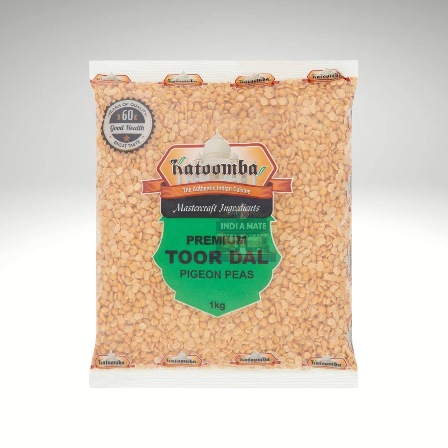 Katoomba Premium Toor Dal pigeon peas packaging on a gray background