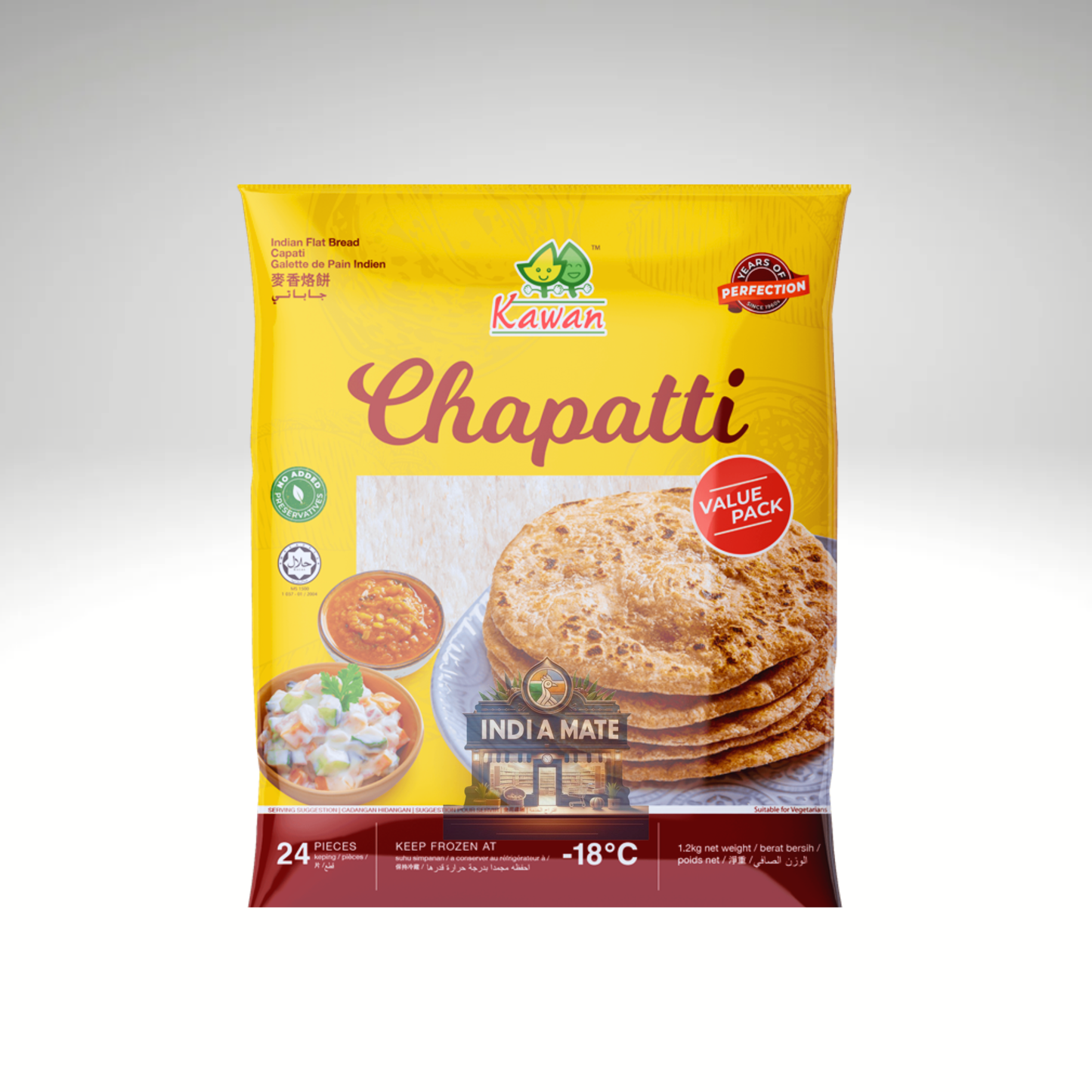 Kawan Chapatti packaging with images of chapattis and curries on a yellow background